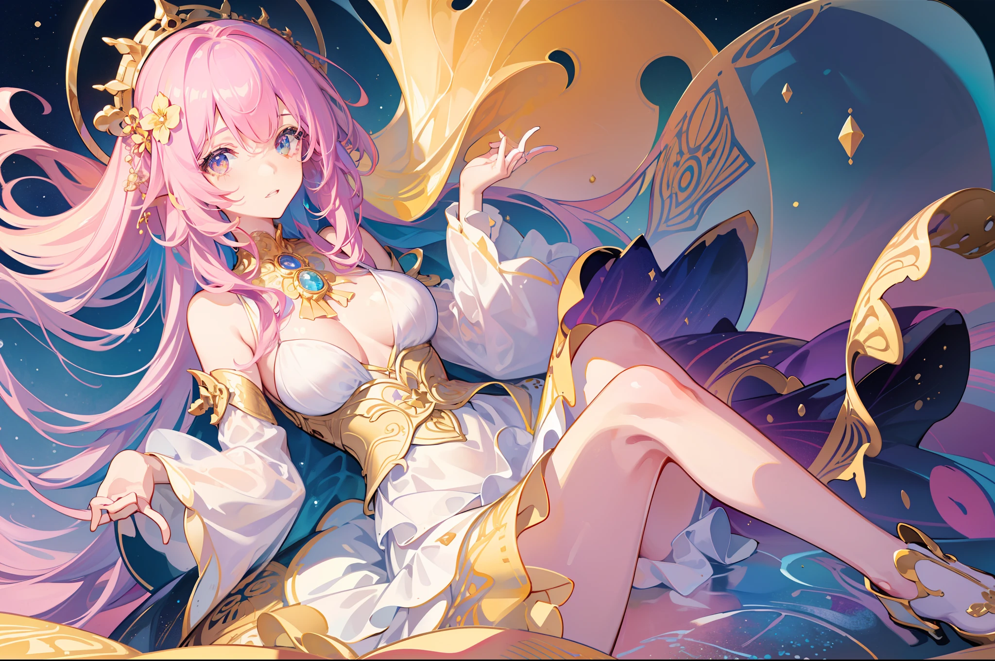 masterpiece, best quality, 8k resolution, sharp focus, intricate detail, beautiful girl, sparkling eyes, golden ratio face, otherworldly liquid, watercolor, sunset colors, bright colors, whimsical, colorful, sharp focus, high resolution, fine detail, ((layered tiered puffy long sleeves ballgown)), ((round eyes)), iridescent bubbles, fantasia background