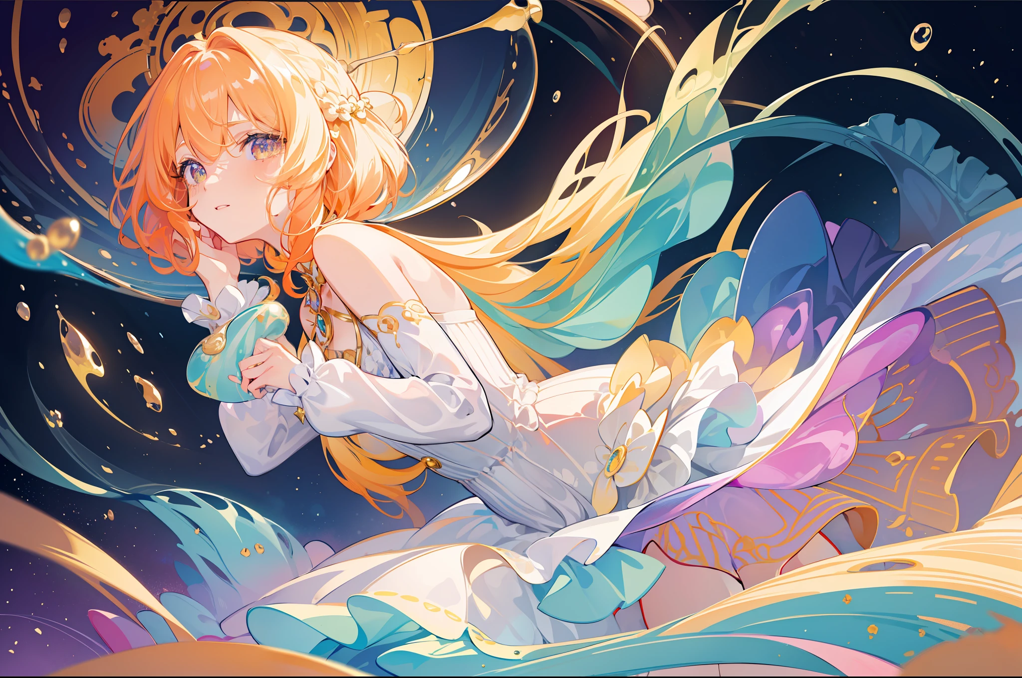 masterpiece, best quality, 8k resolution, sharp focus, intricate detail, beautiful girl, sparkling eyes, golden ratio face, otherworldly liquid, watercolor, sunset colors, bright colors, whimsical, colorful, sharp focus, high resolution, fine detail, ((layered tiered puffy long sleeves ballgown)), ((round eyes)), iridescent bubbles, fantasia background