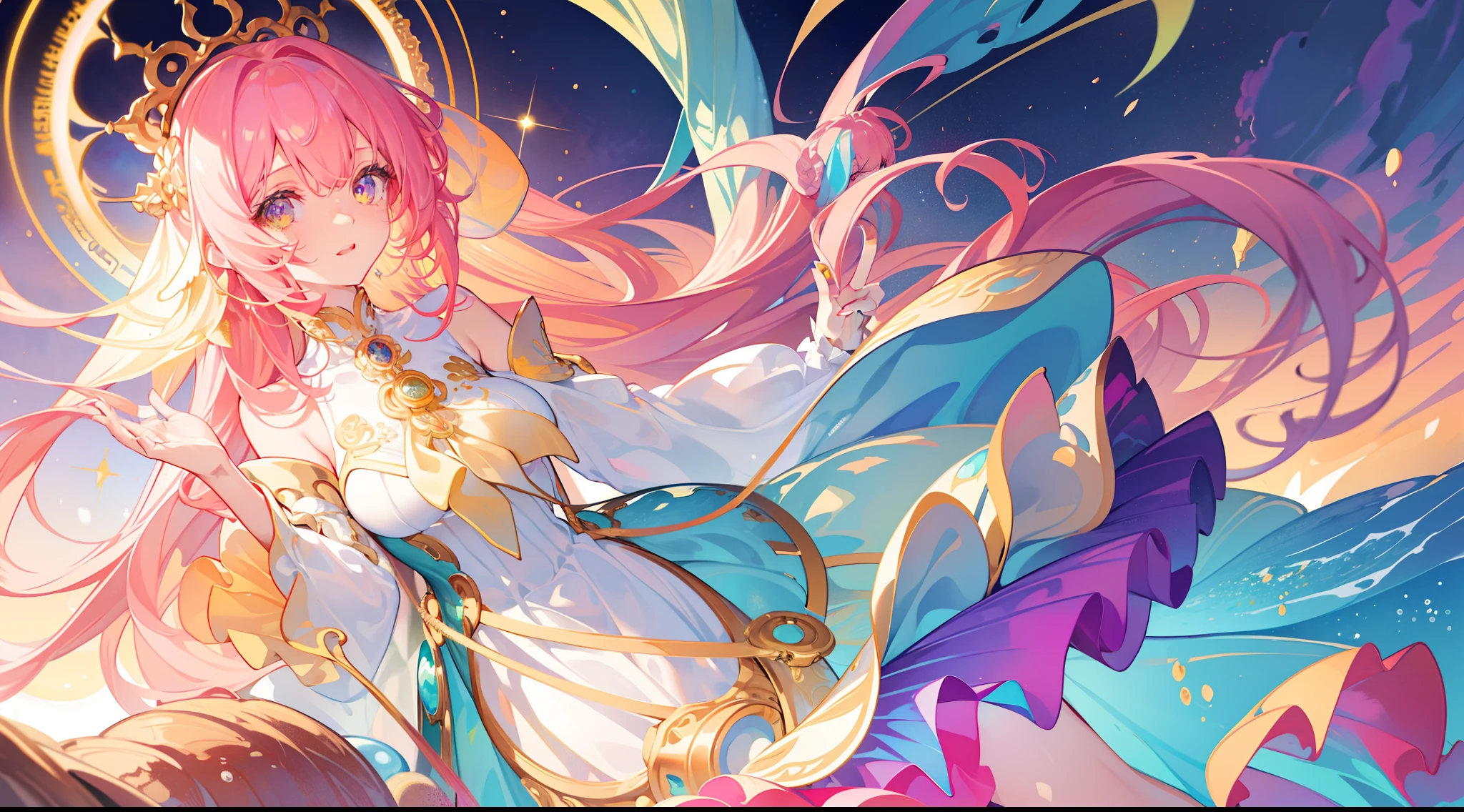 masterpiece, best quality, 8k resolution, sharp focus, intricate detail, beautiful girl, sparkling eyes, golden ratio face, otherworldly liquid, watercolor, sunset colors, bright colors, whimsical, colorful, sharp focus, high resolution, fine detail, ((layered tiered puffy long sleeves ballgown)), ((round eyes)), iridescent bubbles, fantasia background