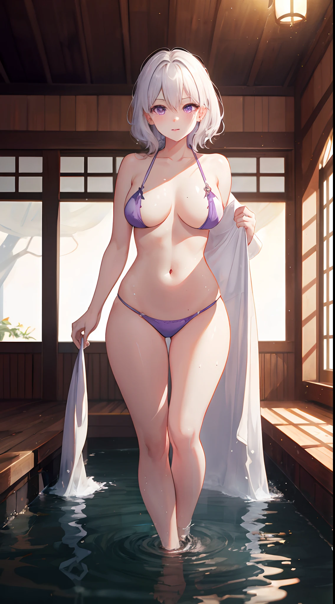 High resolution: 1.7, incredibly ridiculous, cute: 1, cute: 1.5, hires.fix: 1. 5, Anime visuals: 1, incredibly fine illustrations, crystal clear white skin, Asian girl, sensual, full body, white hair, short wavy hair, purple eyes, average breasts, hot spring inn, hide invisible body with the reflection of hot water, soaking up to the shoulders, nudity, hot flashes,