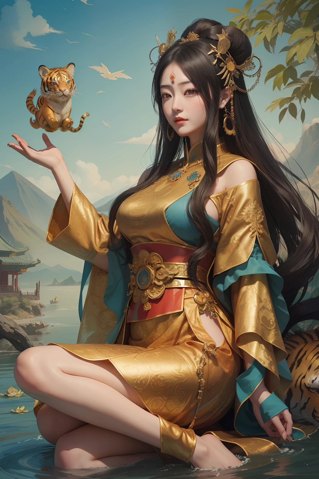 an ancient Chinese goddess, guanyin of the southern seas, Guanyin, Inspired by China, Avalokiteshvara rides a tiger，,Serene expression,shui mo hua,Buddha,Buddhist,Lotus,Chinese painting style,Thangka style