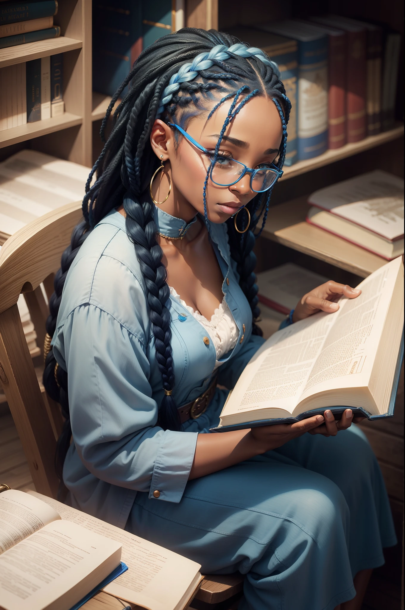 African American woman with blue braids reading The Bible.