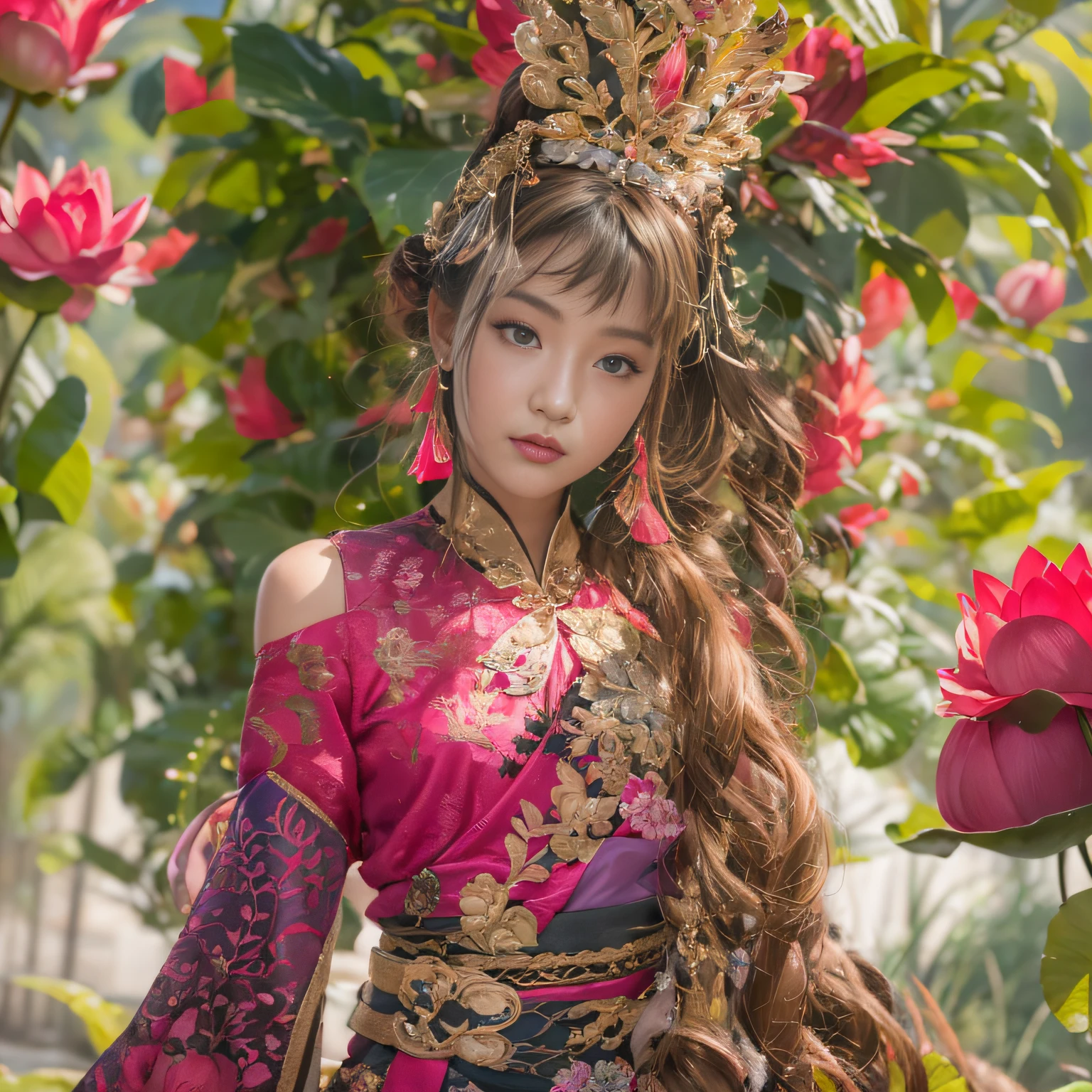 32K(tmasterpiece,k hd,hyper HD,32K)curlies,Flowing rouge,ponds,zydink, a color, Liaoning people (Silly girl), (Silk scarf), Combat posture, looking at the ground, Flowing rouge curls,Green emerald headdress, Chinese long-sleeved pink gold garment, (abstract ink splash:1.2), Pink lotus background,Water lily flower protector(realisticlying:1.4),Rouge hair,Autumn is in full swing,The background is pure, A high resolution, the detail, RAW photogr, Sharp Re, Nikon D850 Film Stock Photo by Jefferies Lee 4 Kodak Portra 400 Camera F1.6 shots, Rich colors, ultra-realistic vivid textures, Dramatic lighting, Unreal Engine Art Station Trend, cinestir 800,Large curls,Flowing rouge