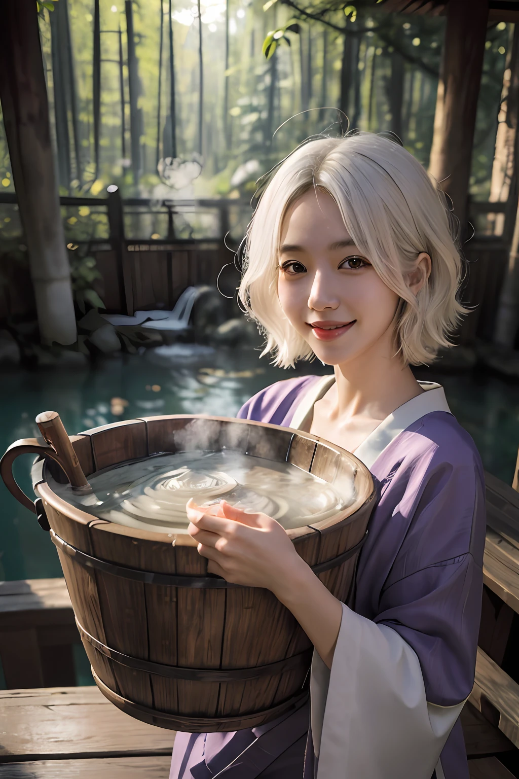 landscape, japan traditional, 1girl, realistic white hair, short wavy hair, purple eyes, light smile,  bathing at hot japanonsen, dawn, dim light, detail, realistic, ((masterpiece)), hot steam, wooden bucket, forest, bamboo,