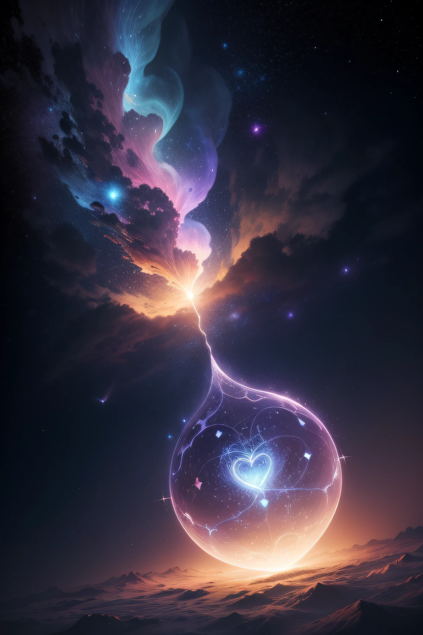 "Por favor, Create an image that represents the fusion of the human heart with the supernatural realm and the vast universe.
Imagine an ethereal and mysterious scenario. No centro da imagem, A human heart shines with a soft, sparkling light. The heart seems to be floating in a translucent mist, evoking a sense of mystery and transcendence.
From the heart, emanates a series of projections, each representing a unique aspect. Some projections take the form of elements of nature, like branches of trees, flower petals or dancing flames, evoking a deep connection to the natural realm.
Other projections extend into outer space, turning into bright constellations, distant galaxies or rays of shooting stars. These cosmic projections symbolize the expansion of human emotion beyond the limits of the Earth, conectando-se ao vasto universo.
A paleta de cores inclui tons de azul celeste, violeta profundo e dourado, Creating a magical and spiritual atmosphere. The soft light emanating from the heart and projections contributes to a sense of peace and awe.
The resulting image captures the idea of a human heart that transcends earthly boundaries, Exploring the Supernatural and Cosmic Realms. This fusion of the human and the divine creates a visual narrative that evokes the search for the deepest emotional connection and the expansion of one's own essence into the vast universe."