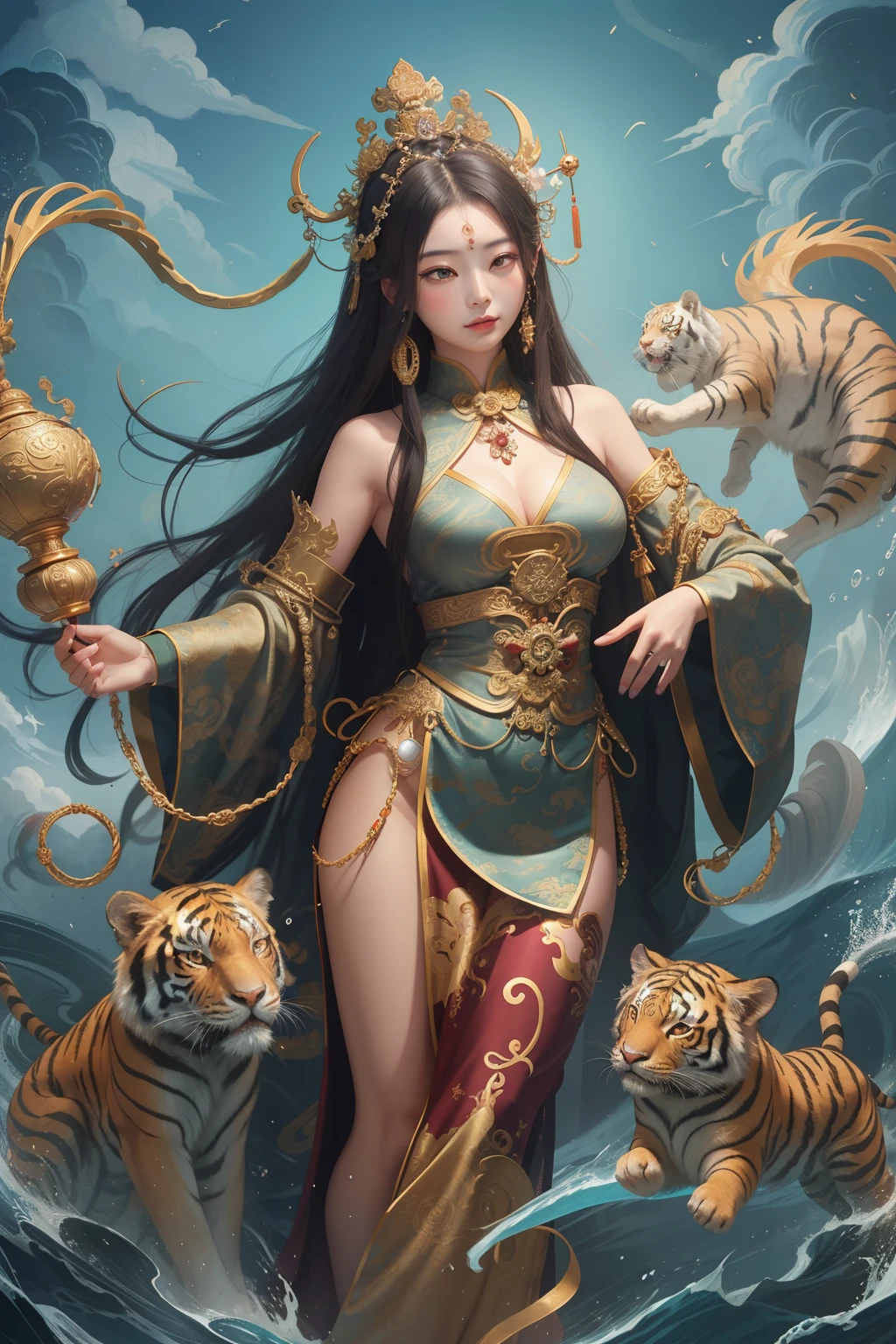 an ancient Chinese goddess, guanyin of the southern seas, Guanyin, Inspired by China, Avalokiteshvara rides a tiger，,Serene expression,shui mo hua,Buddha,Buddhist,Lotus,Chinese painting style,Thangka style
