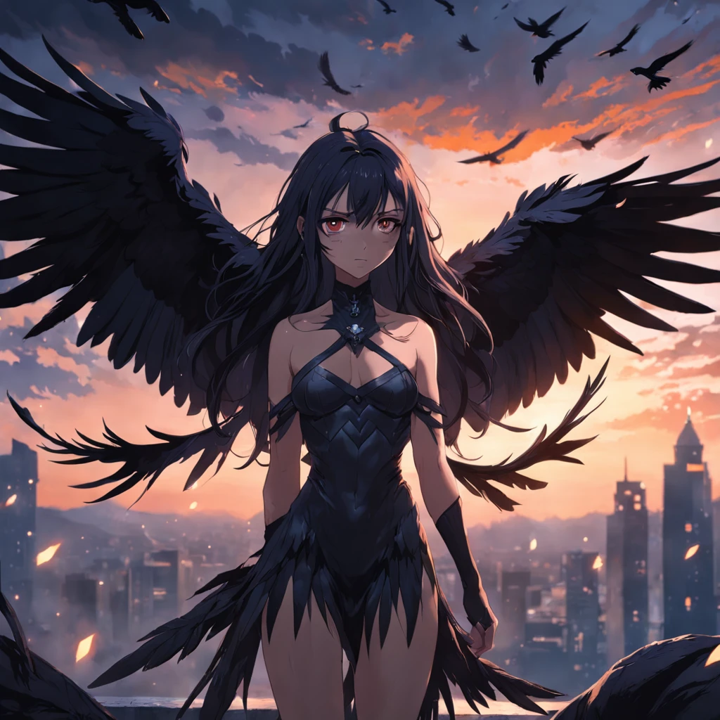 masterpiece, best quality, movie still, 1girl, monstergirl, crow woman, full body, portrait, detailed (eyes), long (hair), perfect body, proportional body, crow|raven wings, deep look, (short dress and pants), close-up,  cold soft lighting, sunset, (aura:0.7)