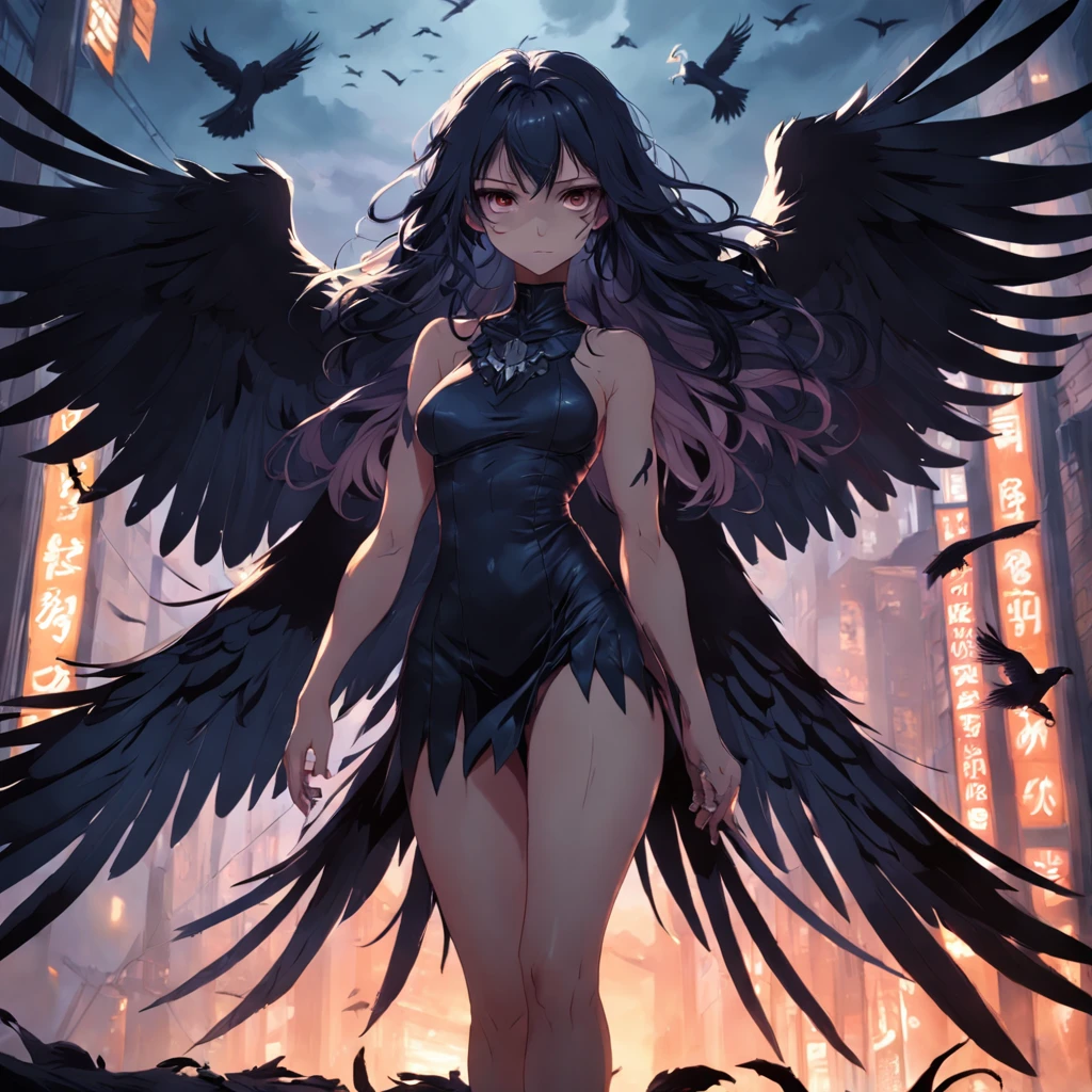 masterpiece, best quality, movie still, 1girl, monstergirl, crow woman, full body, portrait, detailed (eyes), long (hair), perfect body, proportional body, crow|raven wings, deep look, (short dress and pants), close-up,  cold soft lighting, sunset, (aura:0.7)