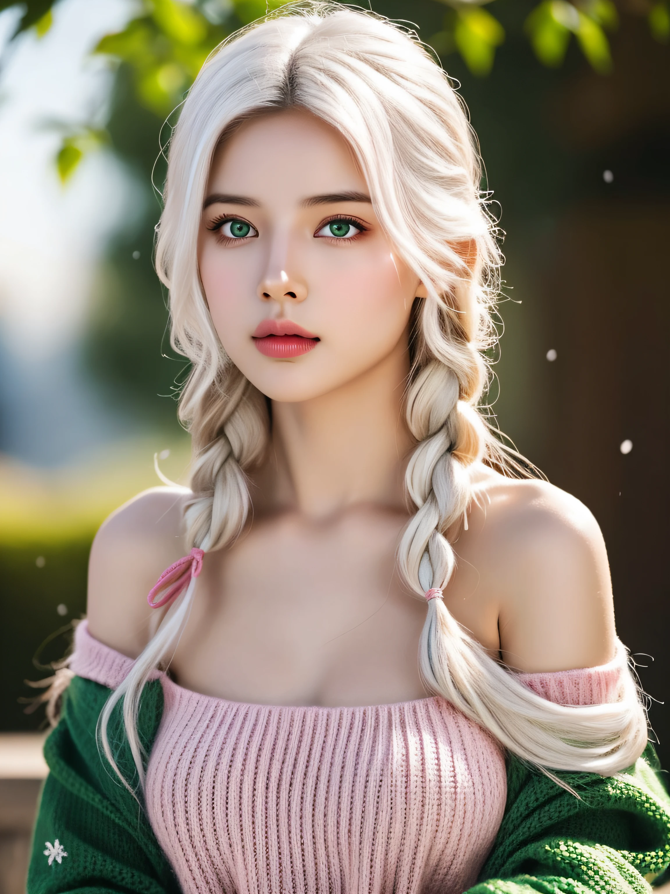 (hyperrealistic), (illustration), (high resolution), (8K), (extremely detailed), (best illustration), (beautiful detailed eyes), (best quality), (ultra-detailed), (masterpiece), (wallpaper), (photorealistic), (natural light), (rim lighting), (detailed face), high detailed realistic skin texture, anatomically correct, solo, 1 girl, (high detailed realistic long hair), (white hair:1.35), (two braided hair), heterochromic eyes, (detailed green eyes), small moles under the eyes, (realistic big breasts:1.6), exposed breasts, long legs, tight abs, dynamic pose, (closed mouth:1.35), fluffy hoodie jacket, (bare shoulders), (upon body from head to thighs:1.3), (Beautiful Cute Pakistani Woman:1.55), standing, outdoor, snowing, winter,