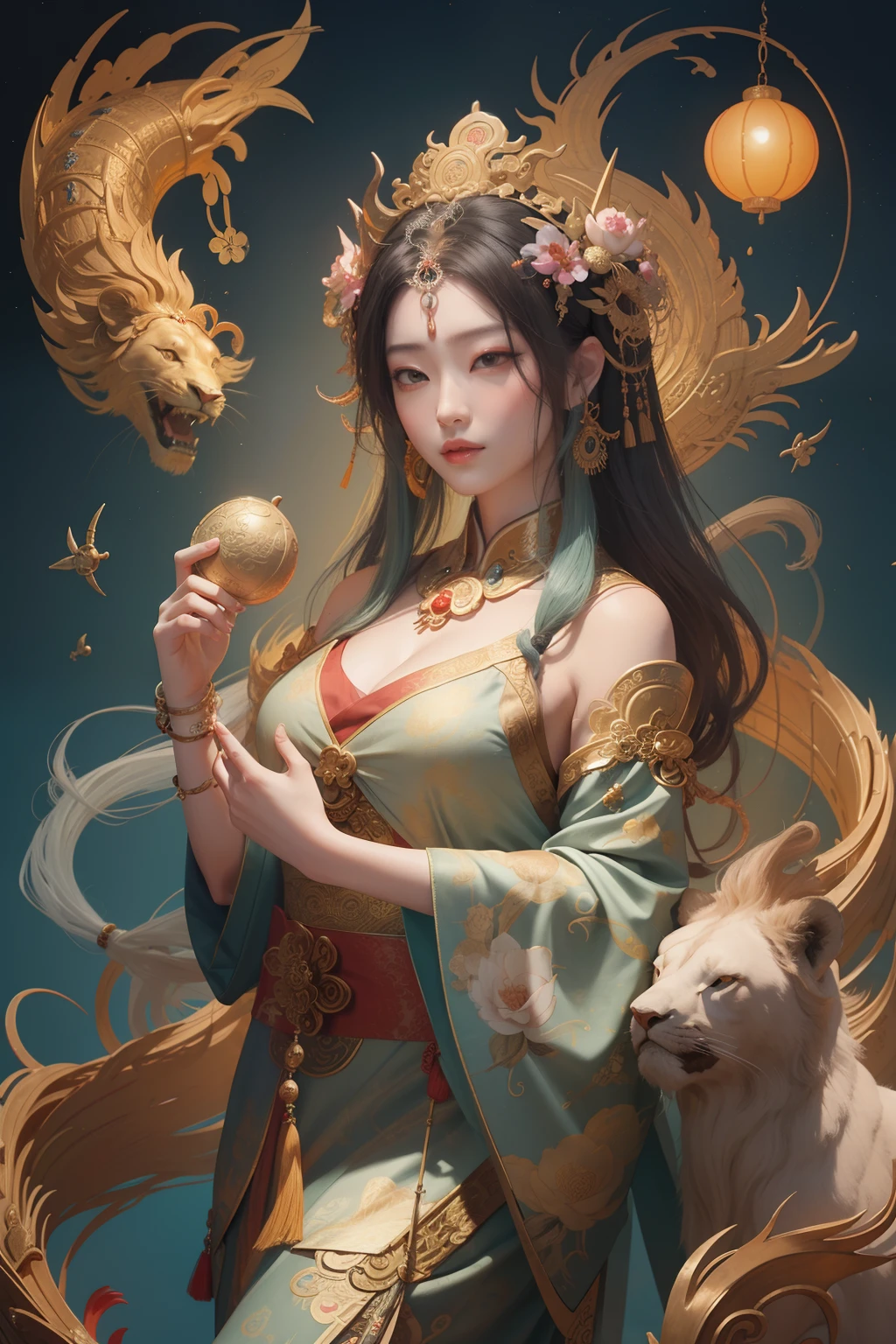 an ancient Chinese goddess, guanyin of the southern seas, Guanyin, Inspired by China, Avalokiteshvara rides a lion,,Serene expression,shui mo hua,Buddha,Buddhist,Lotus,Chinese painting style,Thangka style
