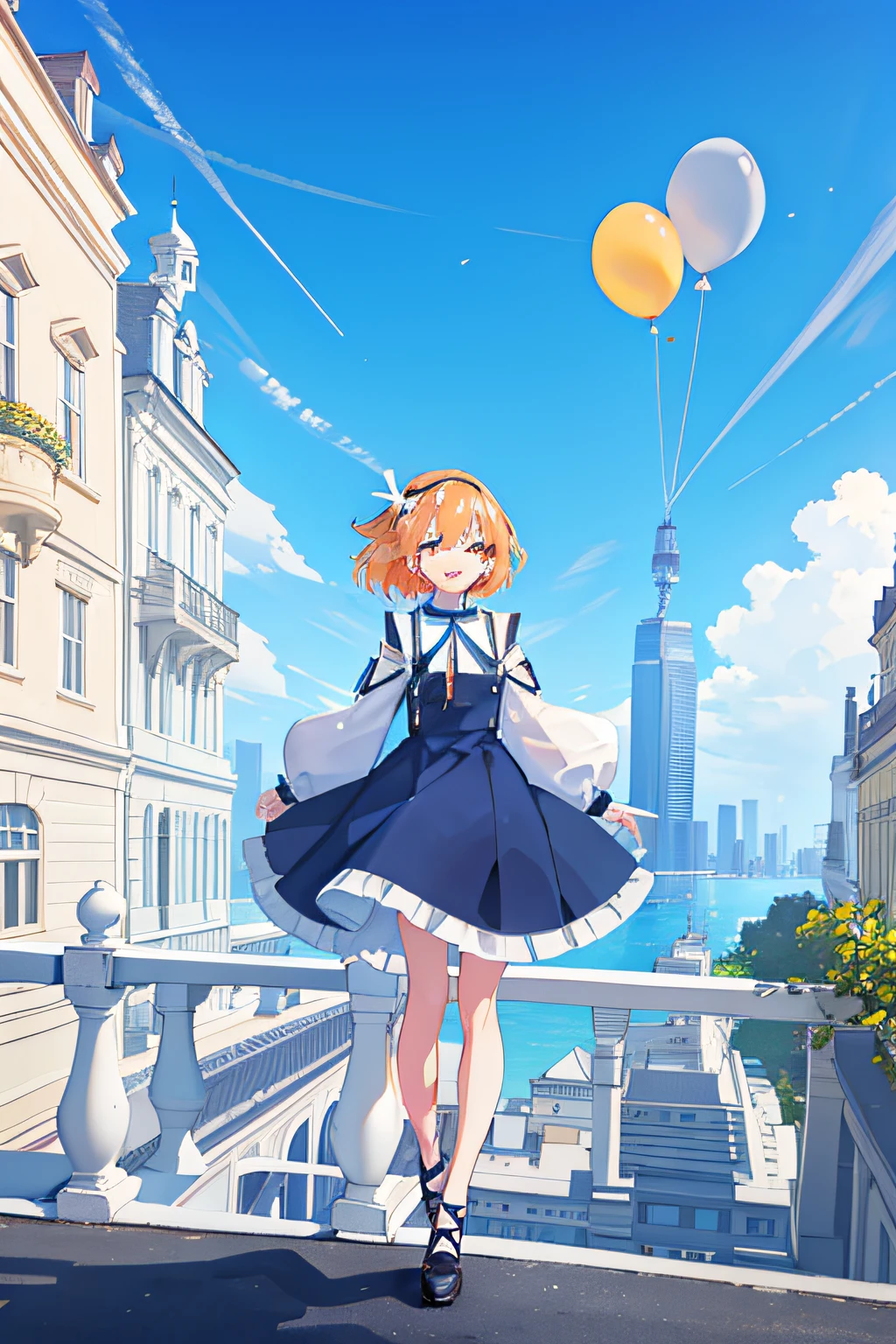 masterpiece, best quality, 1girl, solo, orange hair, short hair, shoulder-length hair, straight hair, orange eyes, round eyes,, ((blue apron dress)), ((long sleeves)), knee-length dress, frills, (((white ribbon hair band))), On the roof of a building, leaning against the fence on the roof, overlooking the road, as close as it might fall in the noon, blue sky, clear sky, many balloons, orange balloons, laughing