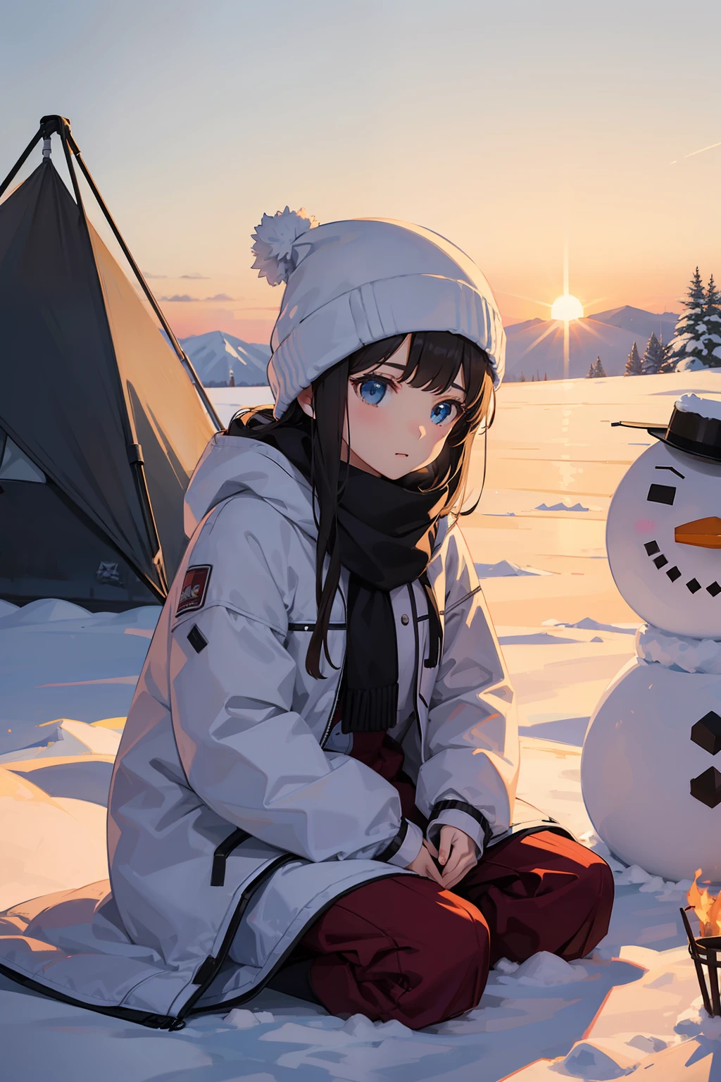 1 girl, snow, winter outfit, bonfire, sitting, tent, cold, snowman, sunset