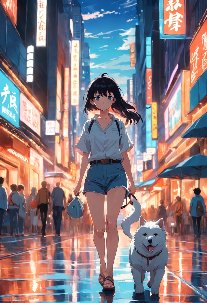 A sexy woman,Wear jeans,White T-shirt,Walking the dog in the city