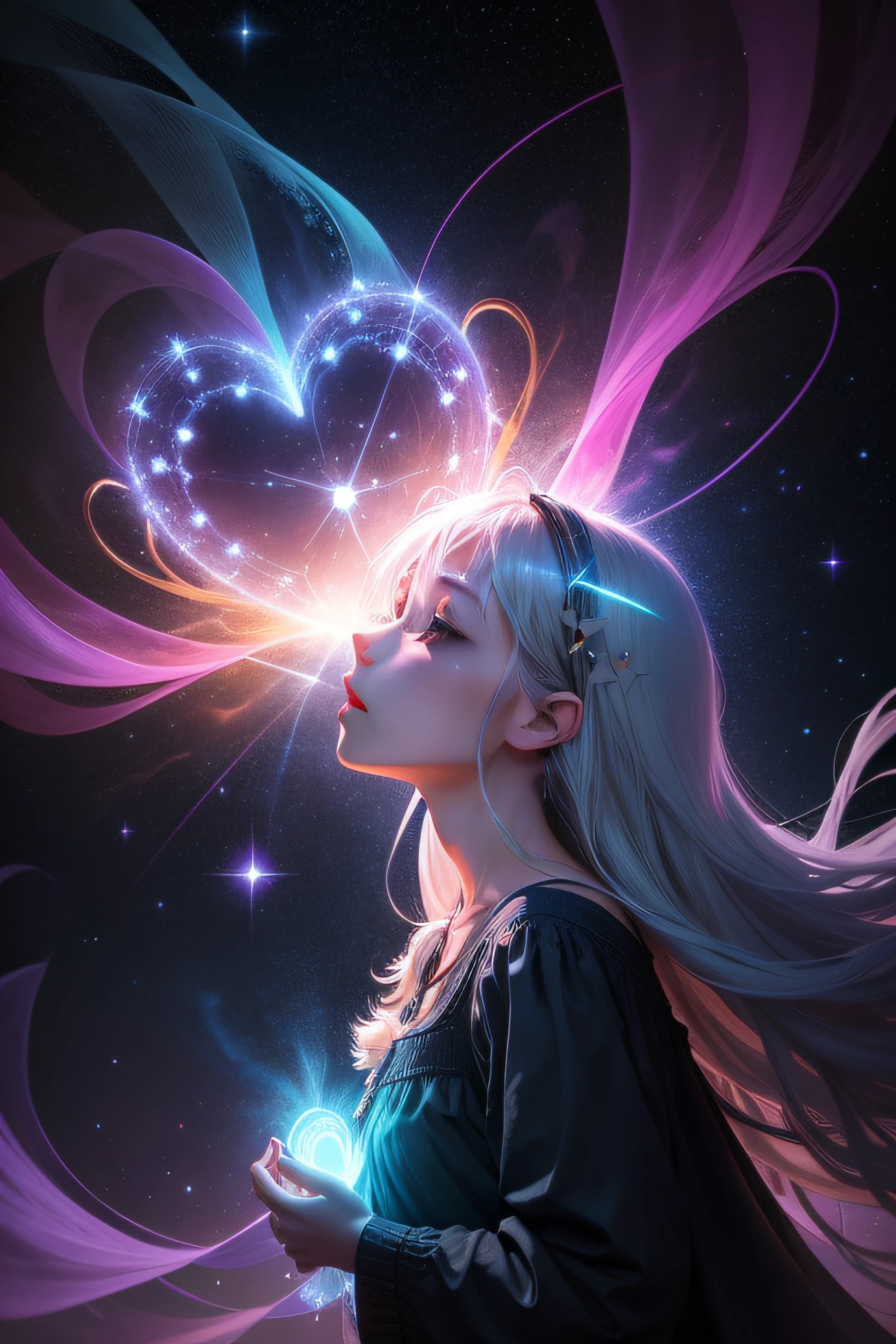 "Por favor, Create an image that represents the fusion of the human heart with the supernatural realm and the vast universe.
Imagine an ethereal and mysterious scenario. No centro da imagem, A human heart shines with a soft, sparkling light. The heart seems to be floating in a translucent mist, evoking a sense of mystery and transcendence.
From the heart, emanates a series of projections, each representing a unique aspect. Some projections take the form of elements of nature, like branches of trees, flower petals or dancing flames, evoking a deep connection to the natural realm.
Other projections extend into outer space, turning into bright constellations, distant galaxies or rays of shooting stars. These cosmic projections symbolize the expansion of human emotion beyond the limits of the Earth, conectando-se ao vasto universo.
A paleta de cores inclui tons de azul celeste, violeta profundo e dourado, Creating a magical and spiritual atmosphere. The soft light emanating from the heart and projections contributes to a sense of peace and awe.
The resulting image captures the idea of a human heart that transcends earthly boundaries, Exploring the Supernatural and Cosmic Realms. This fusion of the human and the divine creates a visual narrative that evokes the search for the deepest emotional connection and the expansion of one's own essence into the vast universe."