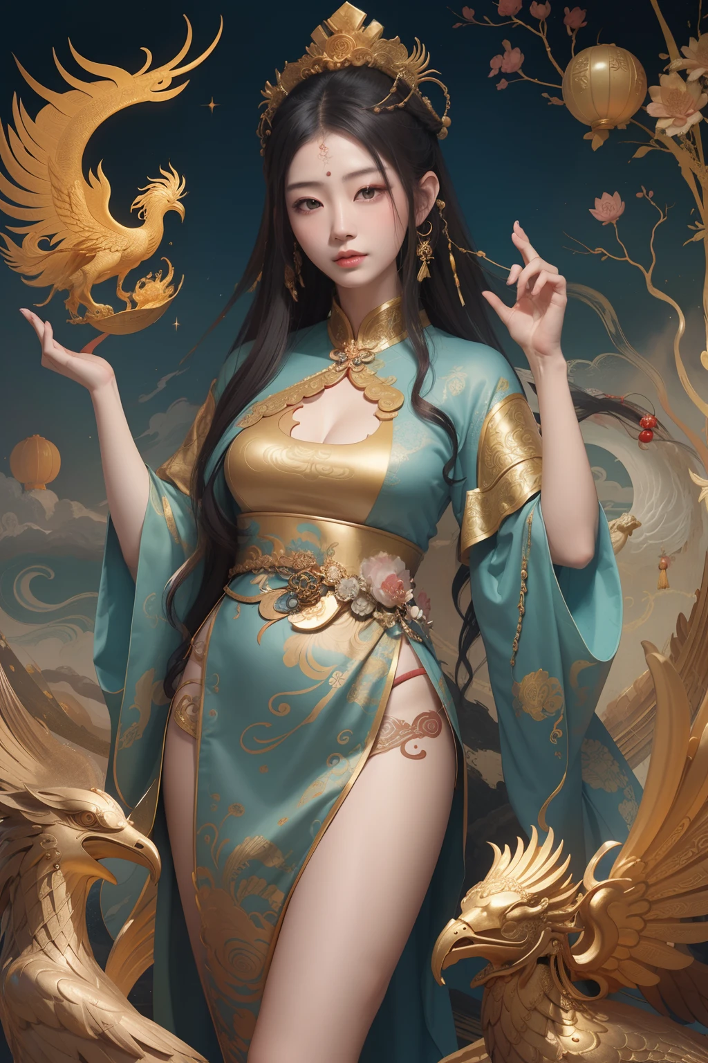 an ancient Chinese goddess, guanyin of the southern seas, Guanyin, Inspired by China, Avalokiteshvara rides a phoenix，,Serene expression,shui mo hua,Buddha,Buddhist,Lotus,Chinese painting style,Thangka style