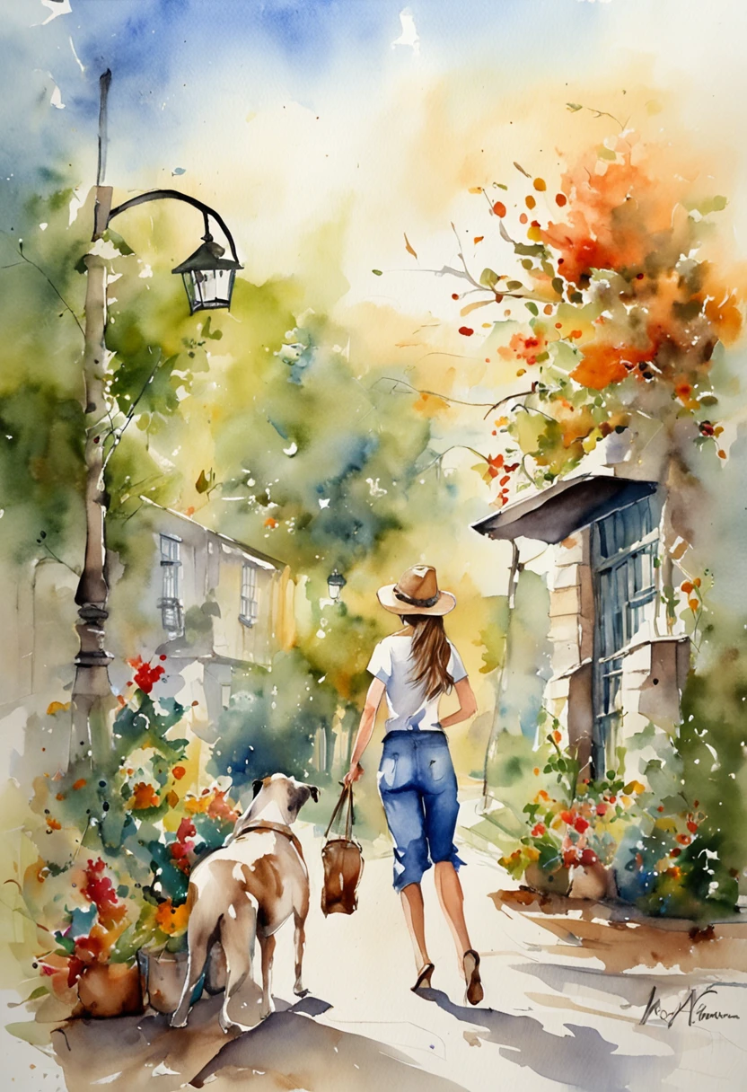 A sexy woman,Wear jeans,White T-shirt,Walking the dog in the city