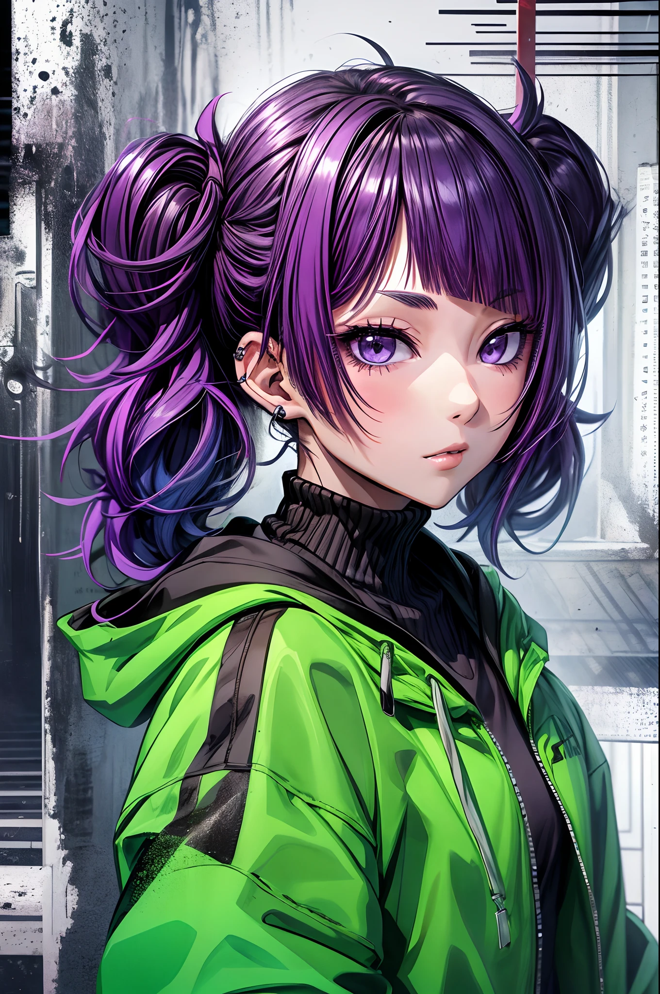 ​masterpiece, top-quality,, (face perfect:1.1) , (high detailing:1.1), 、tanaka mamimi,Purple hair、Green jacket、Twin tail hair、piercings、