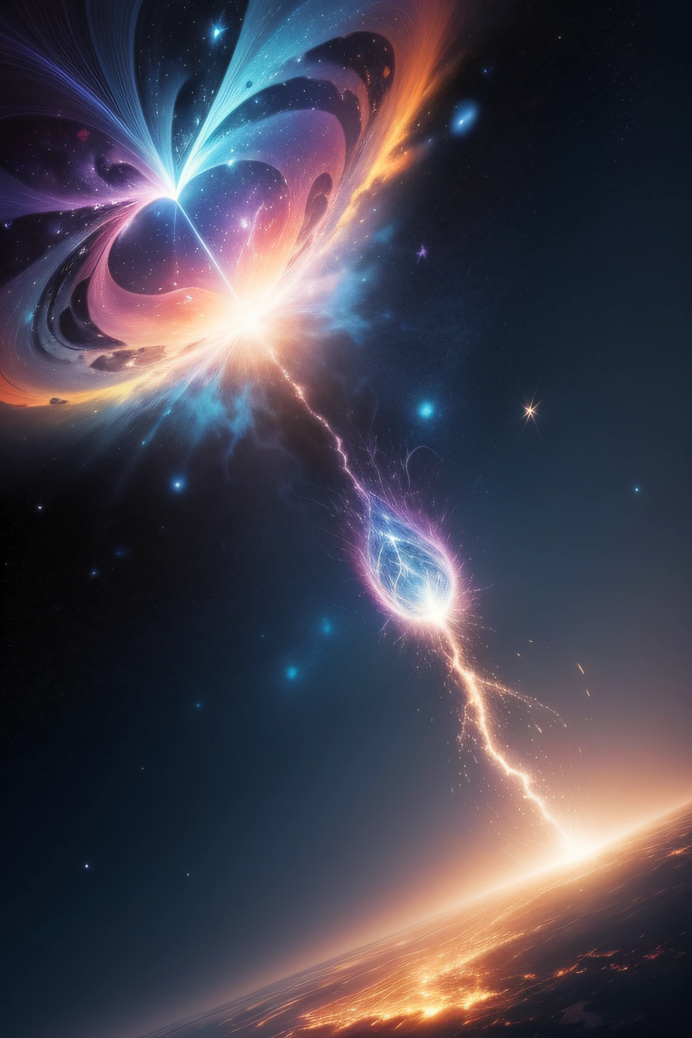 "Por favor, Create an image that represents the fusion of the human heart with the supernatural realm and the vast universe.
Imagine an ethereal and mysterious scenario. No centro da imagem, A human heart shines with a soft, sparkling light. The heart seems to be floating in a translucent mist, evoking a sense of mystery and transcendence.
From the heart, emanates a series of projections, each representing a unique aspect. Some projections take the form of elements of nature, like branches of trees, flower petals or dancing flames, evoking a deep connection to the natural realm.
Other projections extend into outer space, turning into bright constellations, distant galaxies or rays of shooting stars. These cosmic projections symbolize the expansion of human emotion beyond the limits of the Earth, conectando-se ao vasto universo.
A paleta de cores inclui tons de azul celeste, violeta profundo e dourado, Creating a magical and spiritual atmosphere. The soft light emanating from the heart and projections contributes to a sense of peace and awe.
The resulting image captures the idea of a human heart that transcends earthly boundaries, Exploring the Supernatural and Cosmic Realms. This fusion of the human and the divine creates a visual narrative that evokes the search for the deepest emotional connection and the expansion of one's own essence into the vast universe."