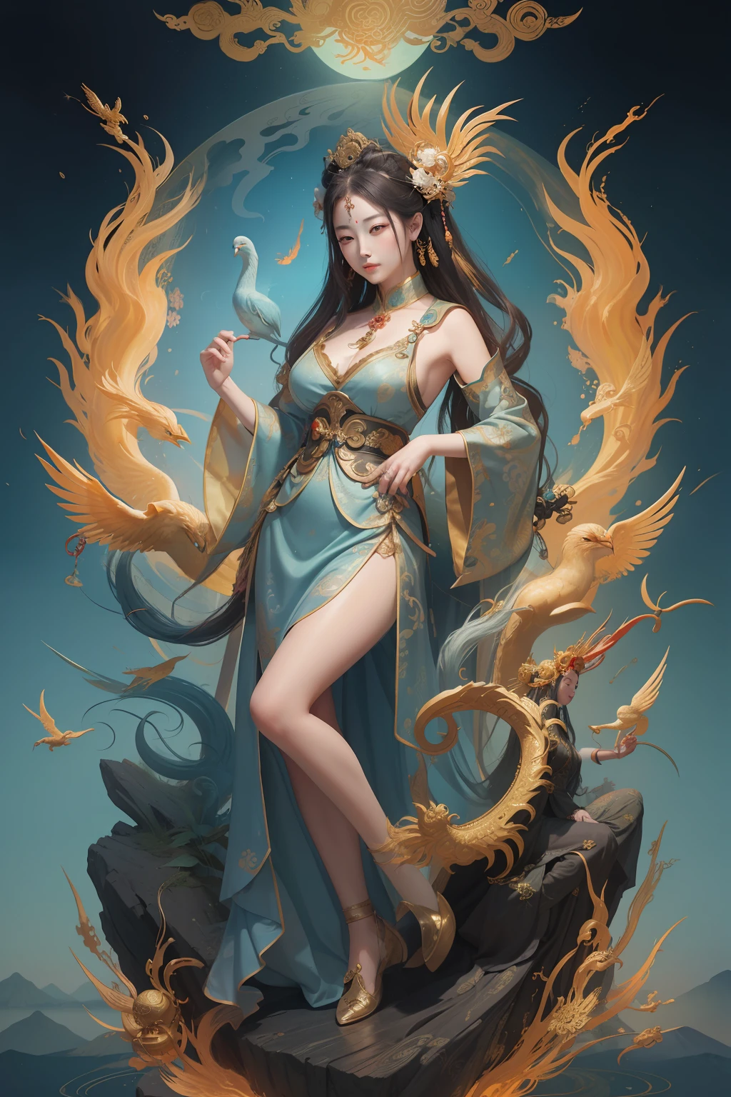 an ancient Chinese goddess, guanyin of the southern seas, Guanyin, Inspired by China, Avalokiteshvara rides a phoenix，,Serene expression,shui mo hua,Buddha,Buddhist,Lotus,Chinese painting style,Thangka style