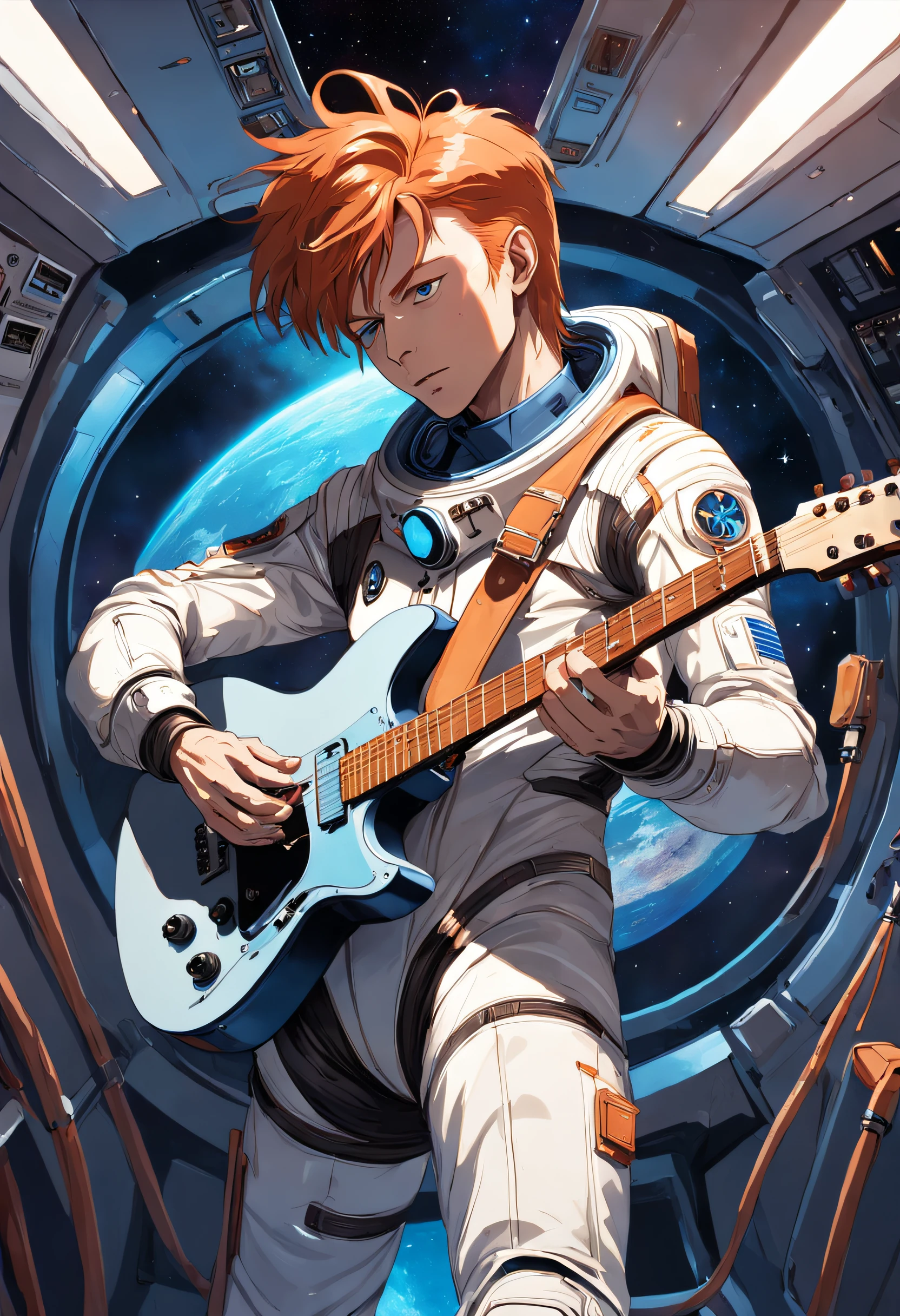 Man in spacesuit playing guitar on a space station, estranheza espacial, (((David Bowie))), an alien musician lost in space, por Wayne England, Retrato de David Bowie, on a spacestation, on a spacestation, Rick Astley, Cowboy espacial, on a spaceship, em traje espacial, em uma nave espacial, in intergalactic hq, Foto promocional