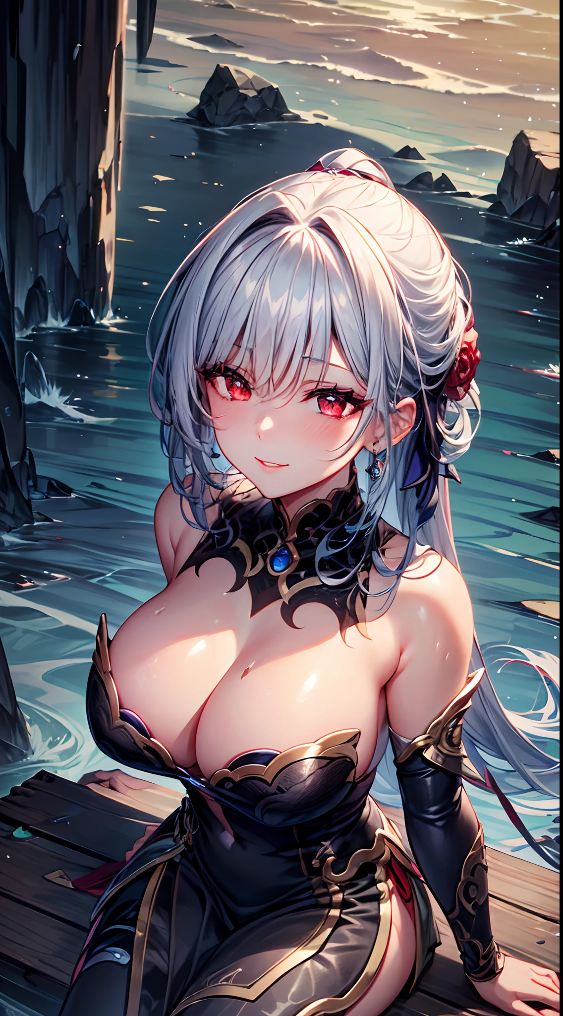 Super detailed, Extreme Detail, Extreme Detail, Extreme Detail, extremely detailed, Super detailed,
beautiful eyes, beautiful hair, Beautiful side, beautiful skin,nsfw, 1Girl, solo, jingliu, red eyes,glossy leather, big breasts, Charming smile, blush, black underwear, cleft chest, sit, dorsal star arm, open-air,