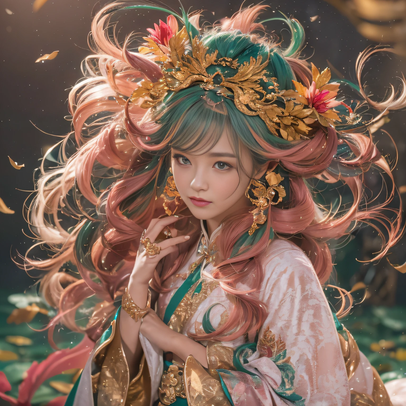 32K（tmasterpiece，k hd，hyper HD，32K）curlies，Flowing rouge，ponds，zydink， a color，  Liaoning people （Silly girl）， （Silk scarf）， Combat posture， looking at the ground，  Flowing rouge curls，Green emerald headdress， Chinese long-sleeved pink gold garment， （abstract ink splash：1.2）， Pink lotus background，Water lily flower protector（realisticlying：1.4），Rouge hair，Autumn is in full swing，The background is pure， A high resolution， the detail， RAW photogr， Sharp Re， Nikon D850 Film Stock Photo by Jefferies Lee 4 Kodak Portra 400 Camera F1.6 shots, Rich colors, ultra-realistic vivid textures, Dramatic lighting, Unreal Engine Art Station Trend, cinestir 800，Large curls，Flowing rouge