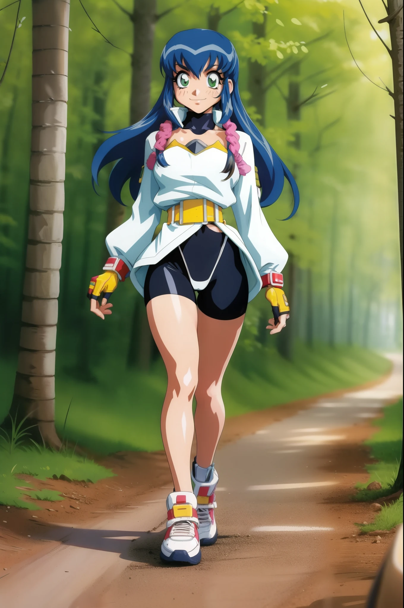 lime,spandex,green eyes,fingerless gloves,1990s (style),blue hair,retro artstyle,long hair,yellow bandana,bike shorts, full body, walking, forest