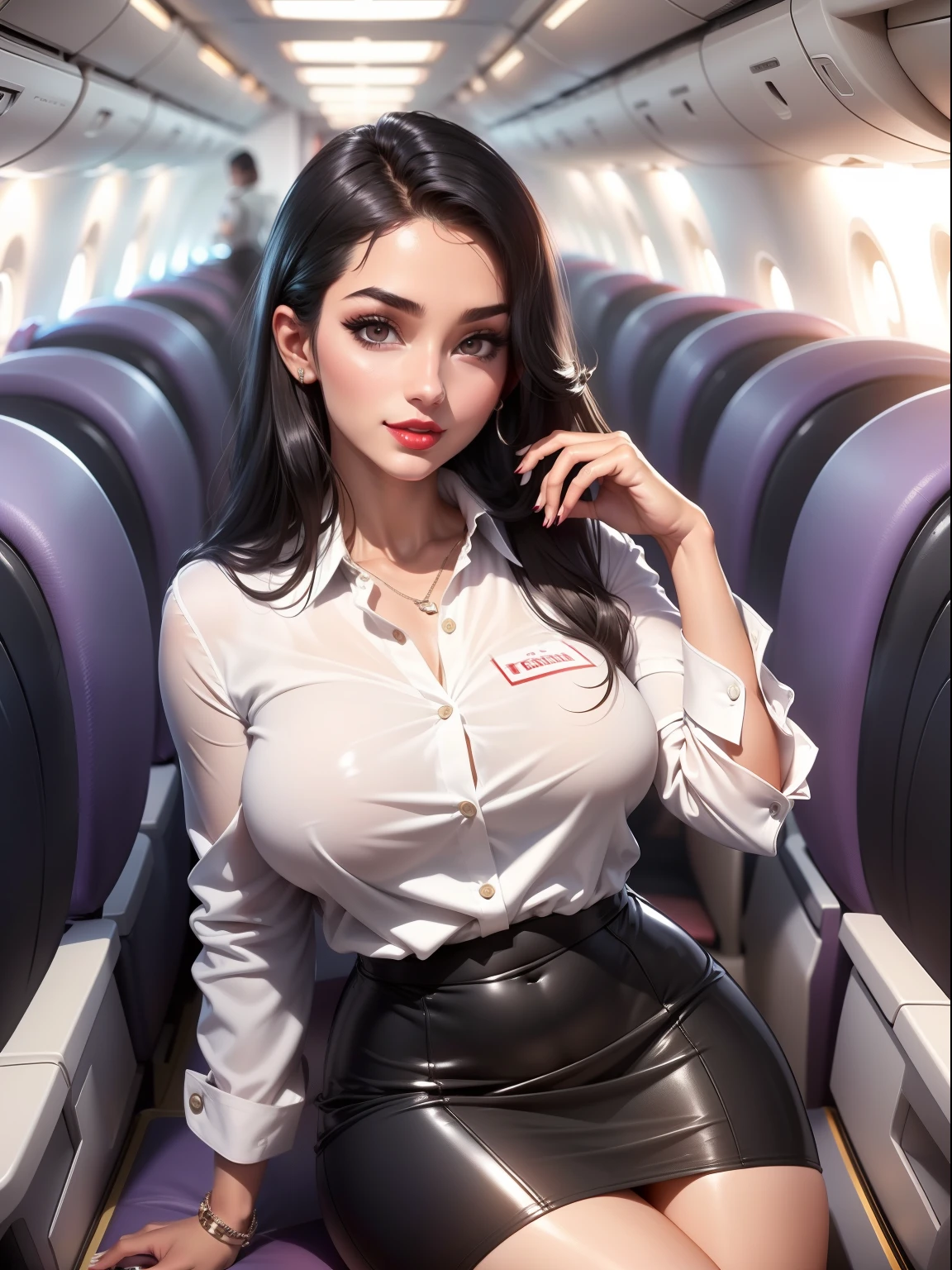 (sexy girl 25 years old),stunning girl, flight attendant,beautifull face,red lips,tight skirt,(white aviator shirt), bare legs,big thighs,big tits, black hair, dark eyes, looking at viewer, bright skin,pussy,tits out,sexy, (shiny skin:1.2), upper body,smiling subtly,atractive atitude,beautiful,natural (on a business class plane), ,short black skirt,(ultrarealistic),high quality,4k(masterpiece), (best quality)
