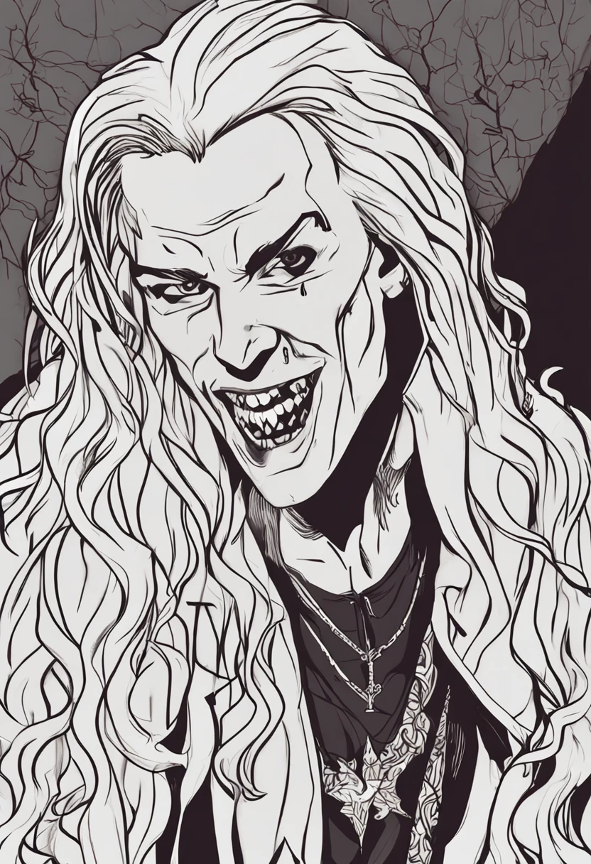 Handsome vampire ager,closeup cleavage,head portrait,Open your mouth,the bats,long canine teeth,There is blood on the teeth,long whitr hair,(There is blood at the corner of the mouth:1.4),Blood,depth of fields,dynamic blur,high light,Real light,Ray traching,oc rendered,Hyper-realistic,best qualtiy,8K,Works of masters,super-fine,Detailed pubic hair,Correct anatomy,sharp focus on eyes,Bokeh,Facial features are carefully depicted