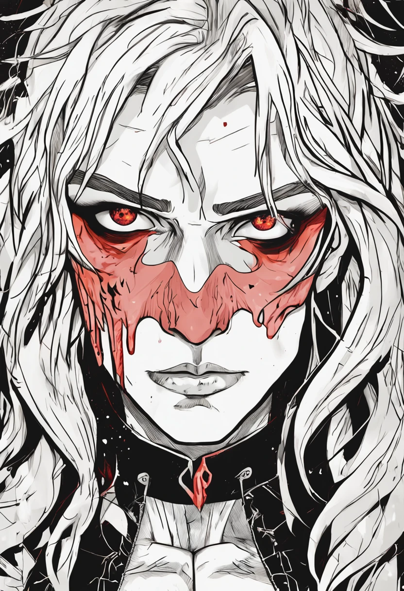 Handsome vampire ager,closeup cleavage,head portrait,Open your mouth,the bats,long canine teeth,There is blood on the teeth,long whitr hair,(There is blood at the corner of the mouth:1.4),Blood,depth of fields,dynamic blur,high light,Real light,Ray traching,oc rendered,Hyper-realistic,best qualtiy,8K,Works of masters,super-fine,Detailed pubic hair,Correct anatomy,sharp focus on eyes,Bokeh,Facial features are carefully depicted