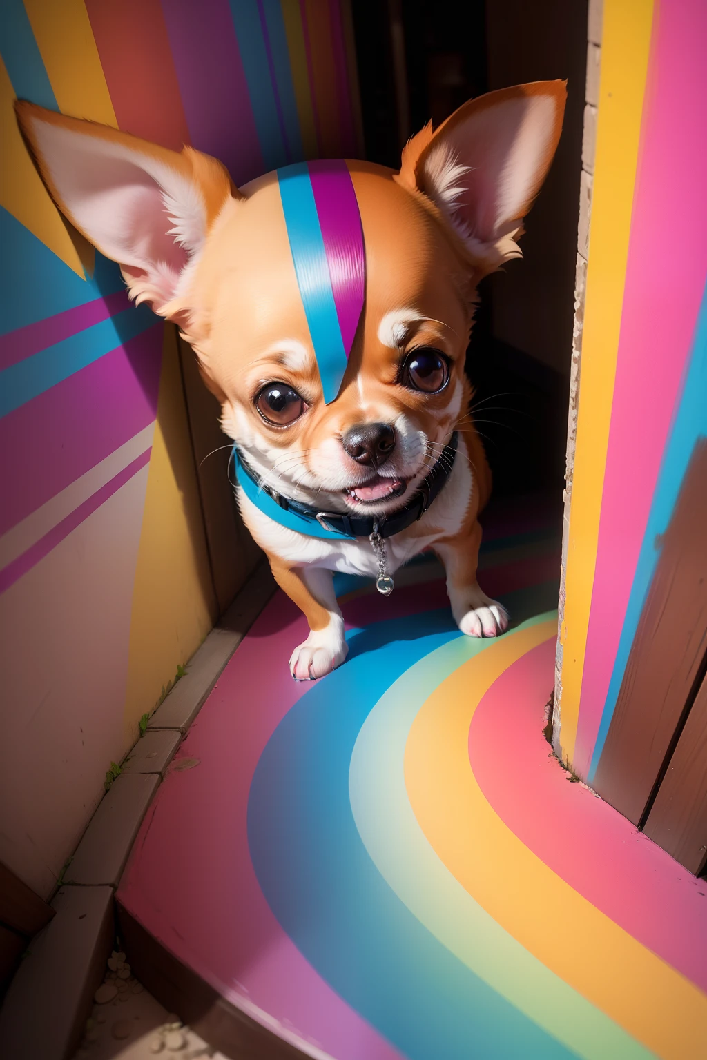 (Dog Chihuahua ),(happy)),(2ear)), Eduardo Kobra padding ,wall PORTRAIT geometric multidimensional, art, chibi, yang08k, beautiful, colorful, masterpieces, top quality, best quality, official art, beautiful and aesthetic,