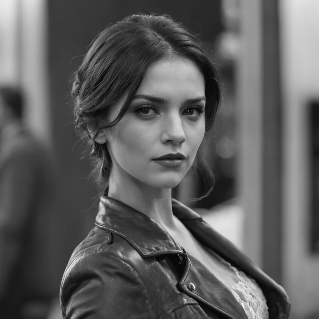 Mulher gangster atirandeo com uma thompson em um beco escuro, estilo film noir, 4K, dutch angle, light cinematic