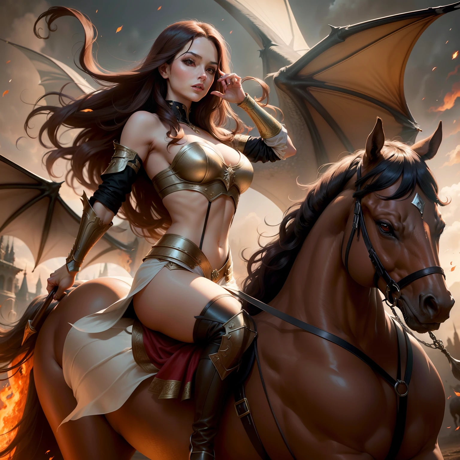 CherryDV a young and talented female actress, embodies both beauty and skill. Her visage exudes a delicate elegance reminiscent of a fairy. Her long, sleek hair cascades in shades of brown. "A fierce and mighty female warrior astride a winged horse, fearlessly engaging in combat with a fire-breathing dragon, showcasing her strength and valor in a breathtaking battle."
