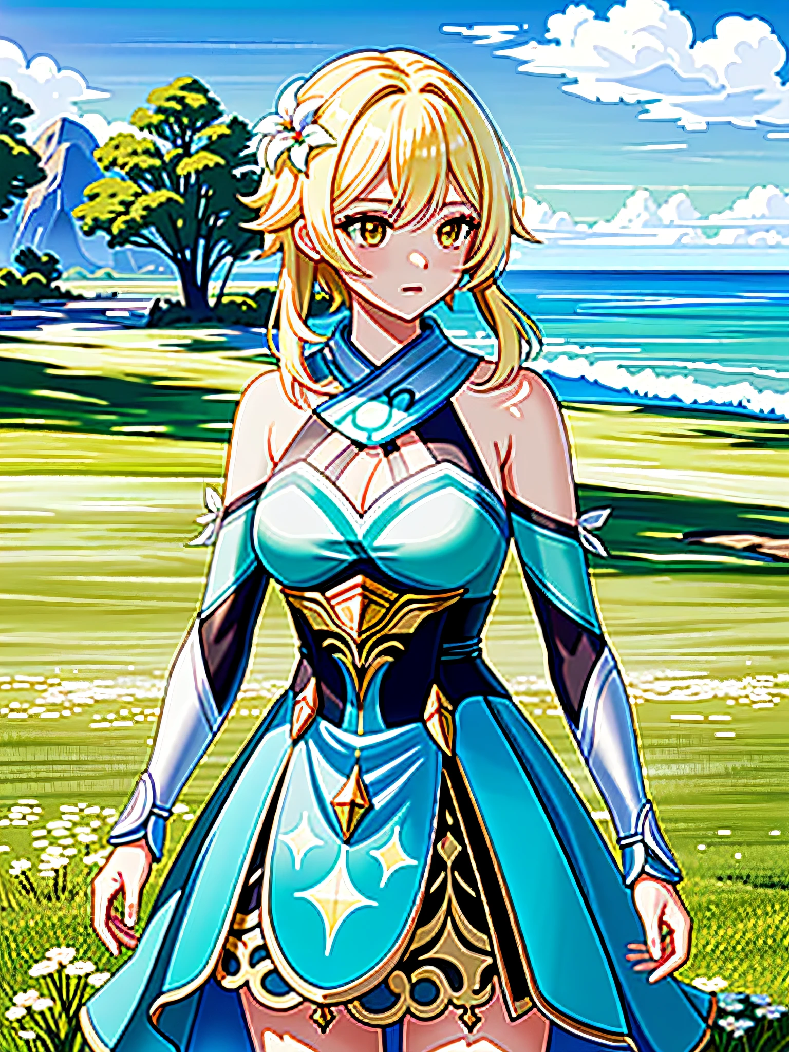 ((Best Quality)), ((Masterpiece)), ((hight resolution)), beautiful hd background, (Detailed background), highly detail face, perfect arms, Bangs, grass, cliff, ocean, 1girl, 独奏, Standing, upper-body, the anime, Genshin Impact, grass, profile view, Short Hair Hair, profile view, eyes looking sideways