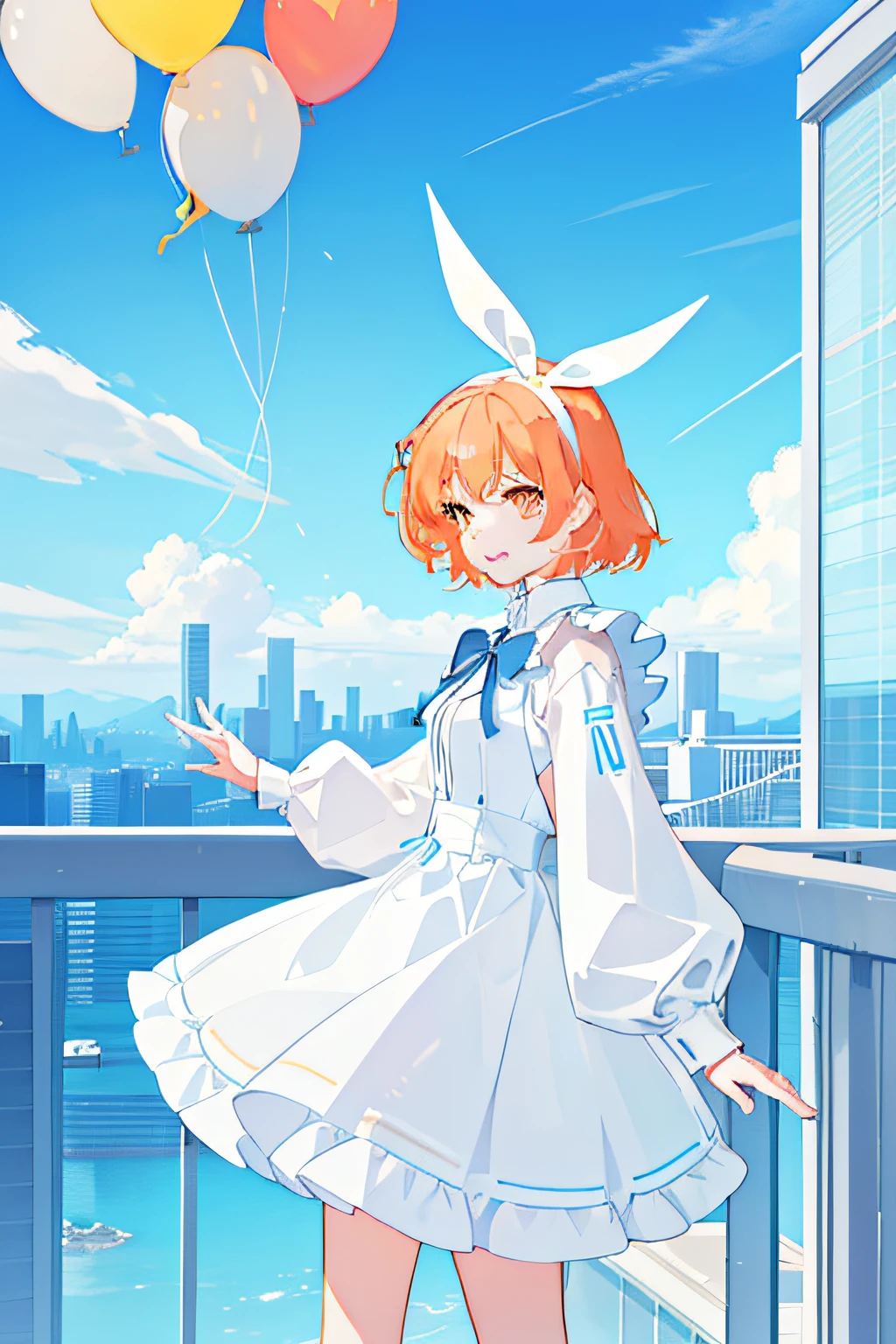 masterpiece, best quality, 1girl, solo, orange hair, short hair, shoulder-length hair, straight hair, orange eyes, round eyes,, ((light blue apron dress)), ((long sleeves)), knee-length dress, frills, (((white ribbon hair band))), On the roof of a building, leaning against the fence on the roof, overlooking the road, as close as it might fall in the noon, blue sky, clear sky, many balloons, orange balloons, laughing