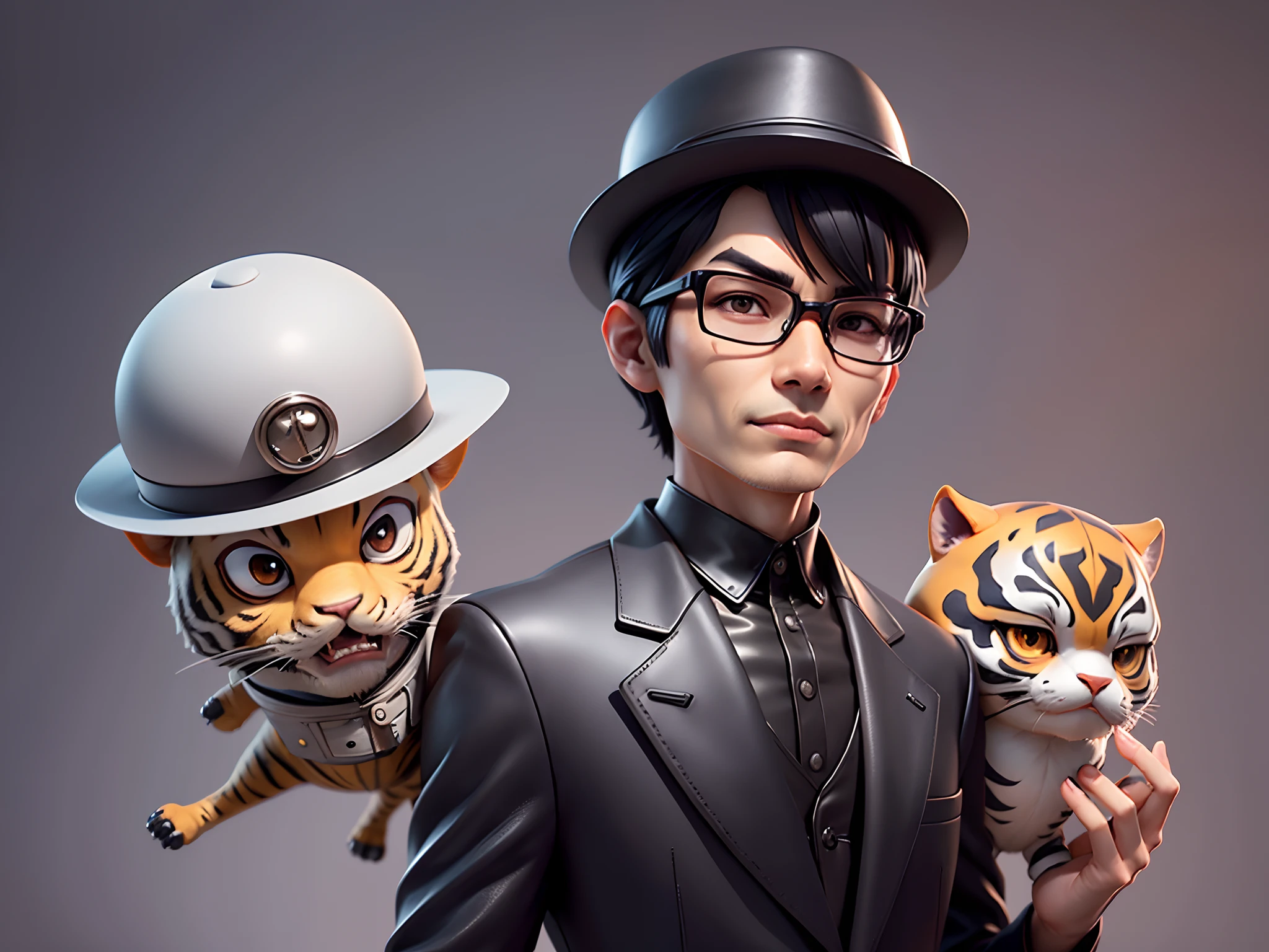 Young man with oriental face in leather hat, tiger, oriental face in formal suit, short black hair, silver glasses, digital painting, 3D character design by Mark Clairedon and Pixar and Hayao Miyazaki and Akira Toriyama, the illustration is a high-definition illustration in 4K resolution with very detailed facial features and cartoon-style visuals.