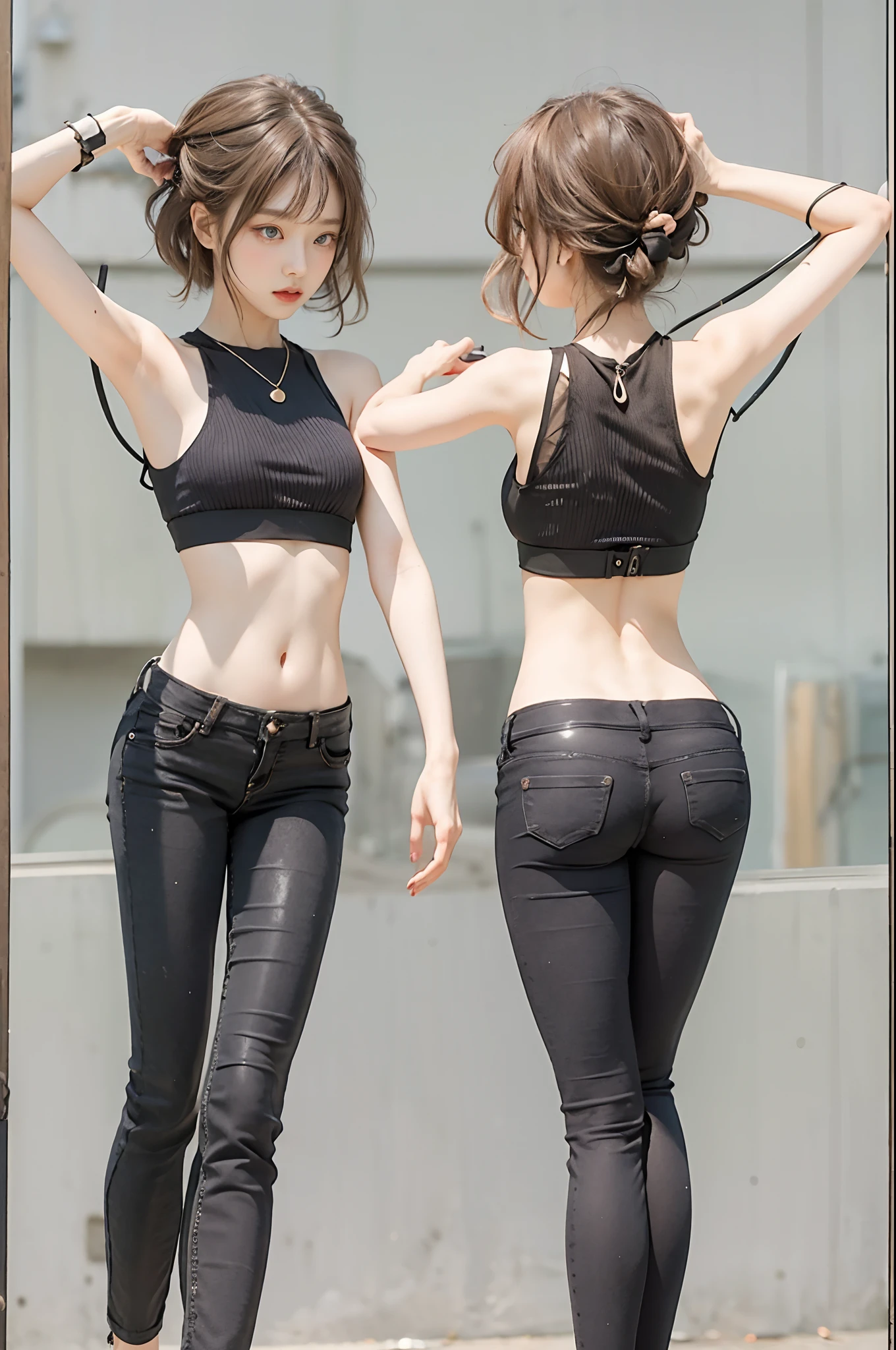 Top image quality、Raw photography、超A high resolution、18 year old pretty face woman、Shooting for one person only、modelshoot、big round chest、Tank tops、short trousers of black color、Beautiful Eyes of Details、very elongated eyes、Beautiful eyelashes、Beautiful double eyelids、white walls、Beautiful waist、very slender legs、Shorthair with light brown hair、very slender physique