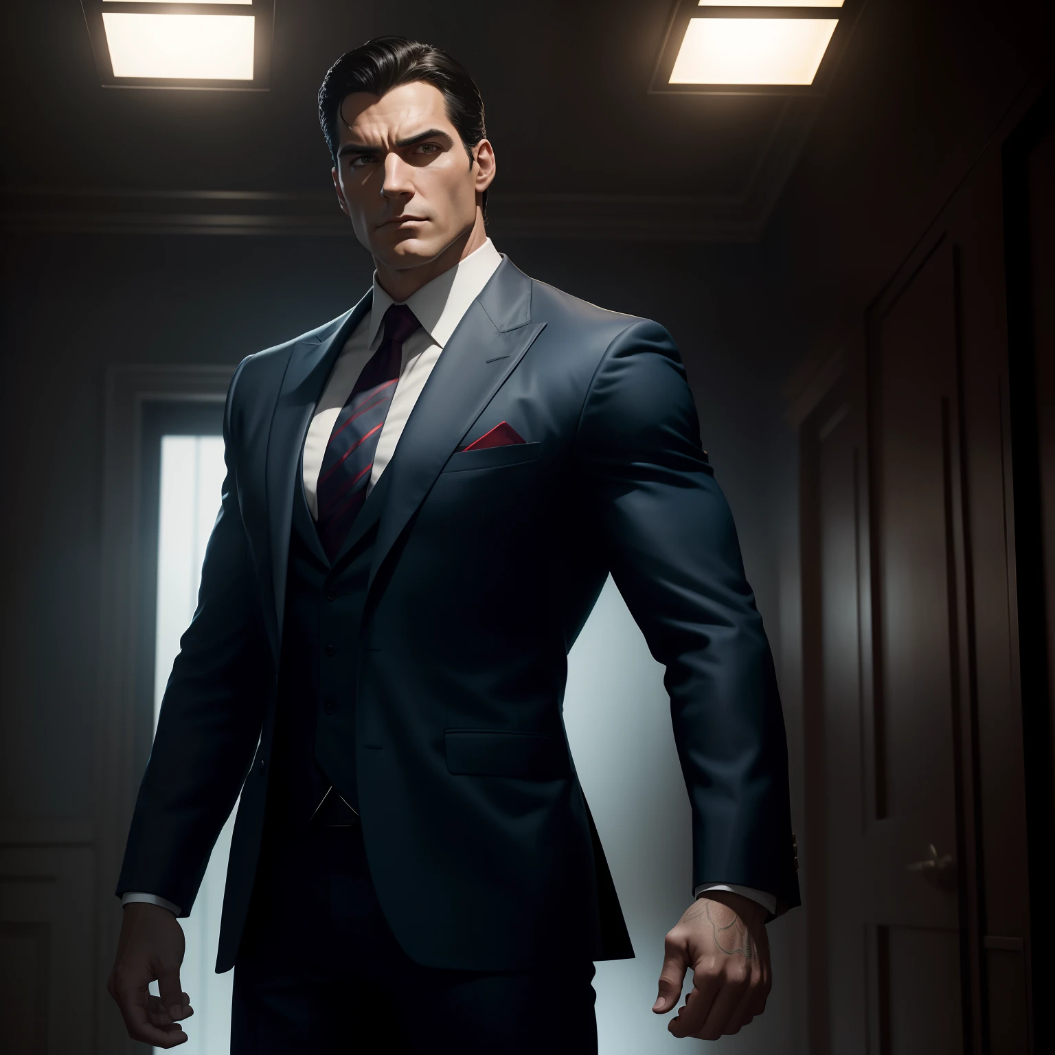 Create an image of Superman reimagined in a mafia-style setting. Depict him as a powerful and enigmatic figure who serves as both a protector and an influential presence in the criminal underworld. The art style should blend realism with Superman's iconic image. Dress him in a sleek and tailored suit that complements his heroic stature, with subtle references to his superhero identity. Showcase his confident expression and commanding presence, capturing his dual role as a crimefighter and a mafia figure. Place him in a luxurious and dimly lit room that symbolizes the intersection of power and secrecy. Utilize dramatic lighting to emphasize Superman's aura and highlight his symbolic stature. The camera angle should be medium to capture Superman's influential demeanor. Opt for a 70mm camera lens to provide a balanced perspective. Render the image in high resolution to convey the details of his mafia-style transformation.