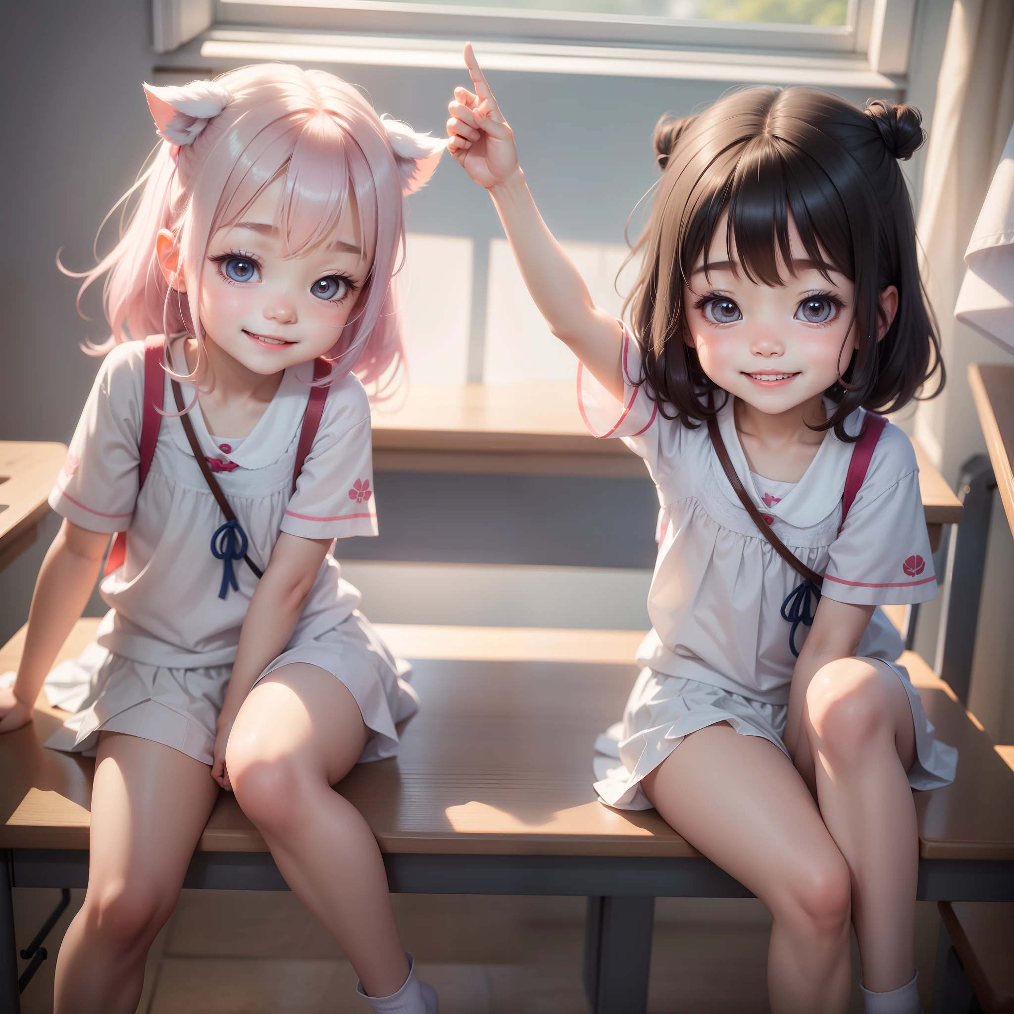 twinsies cute little girl with Classroom Top image quality 8k Play a smile 夏天