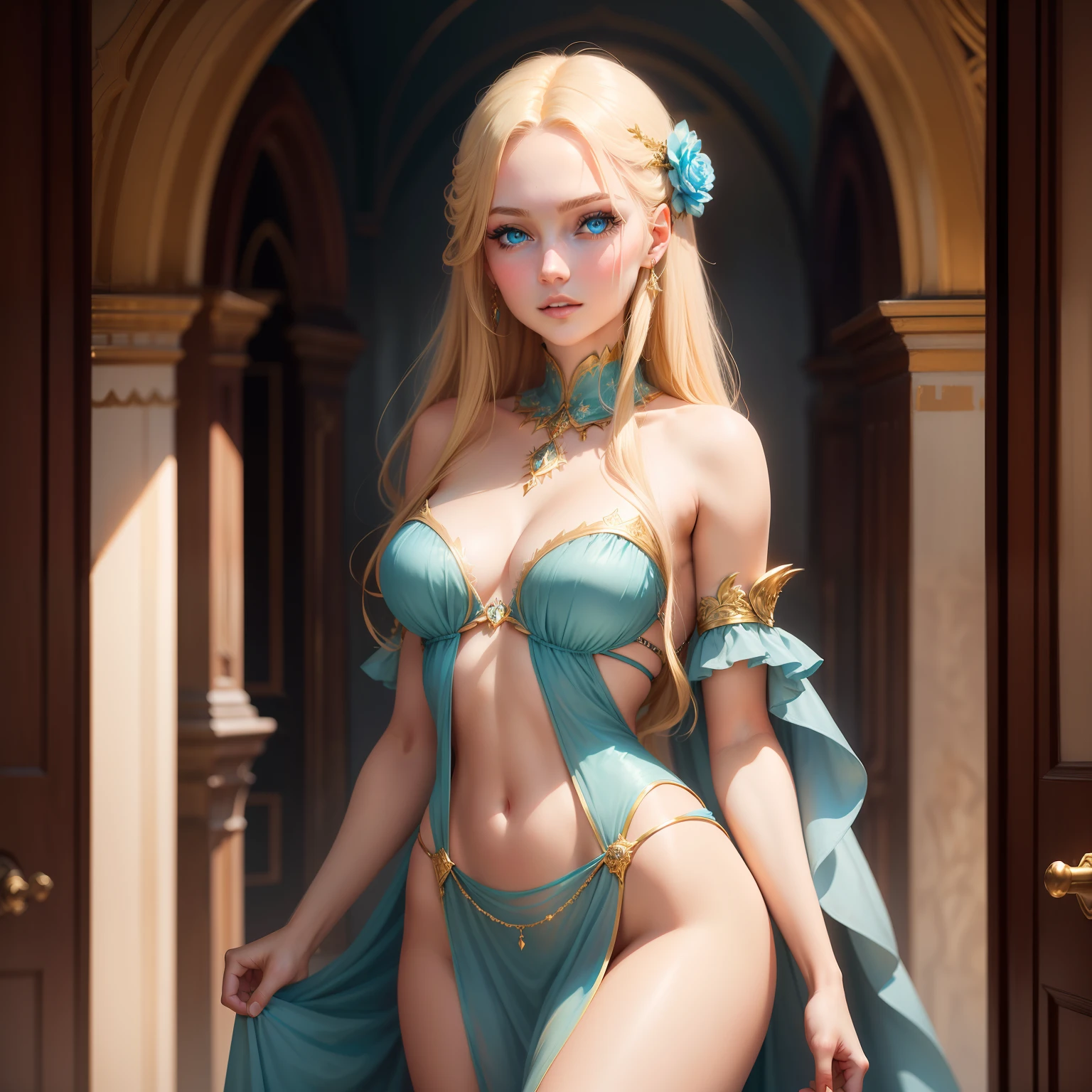 "A stunning and enchanting young woman. She possesses European beauty, with mesmerizing azure blue eyes and lustrous golden hair that gracefully frames her face."