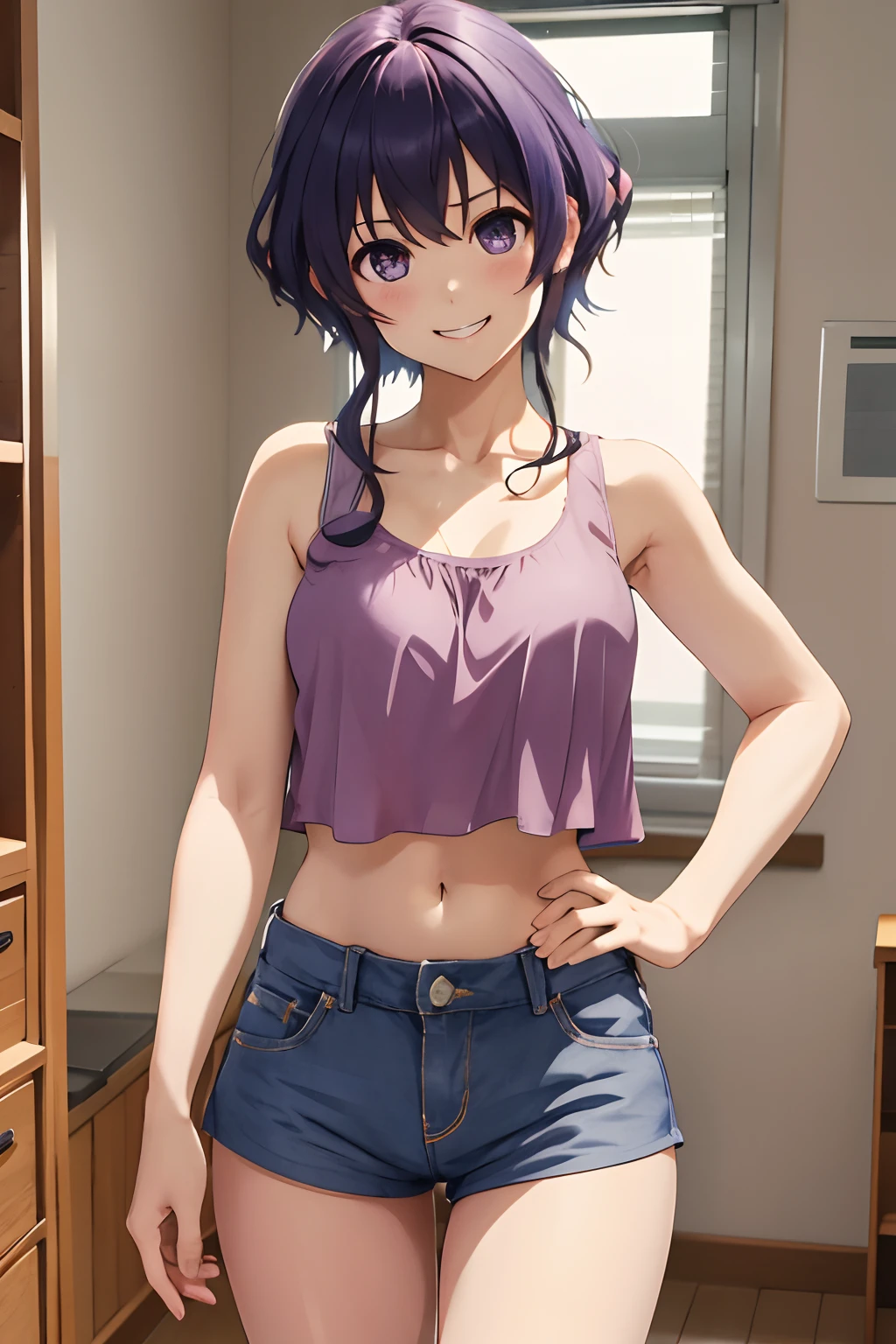 masterpiece, best quality, highres, hyoudou michiru, solo, tank top, crop top, short shorts, midriff, cowboy shot, smile, indoors,