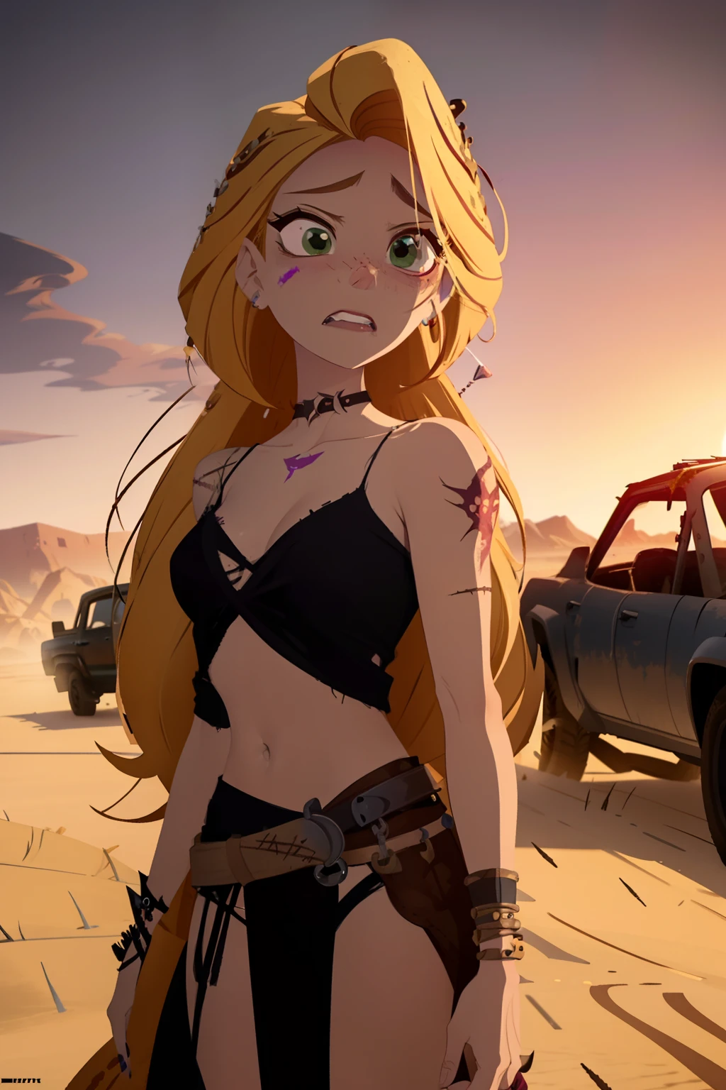 Rapunzel, post apocalyptic, desert, mad max, scarred, Post apocalyptic desert wasteland, Mad max, ear piercing, nose ring, gothy, torn clothes, Long jacket, scarrred, scarred, scarred, bruised, beat up, scarred
