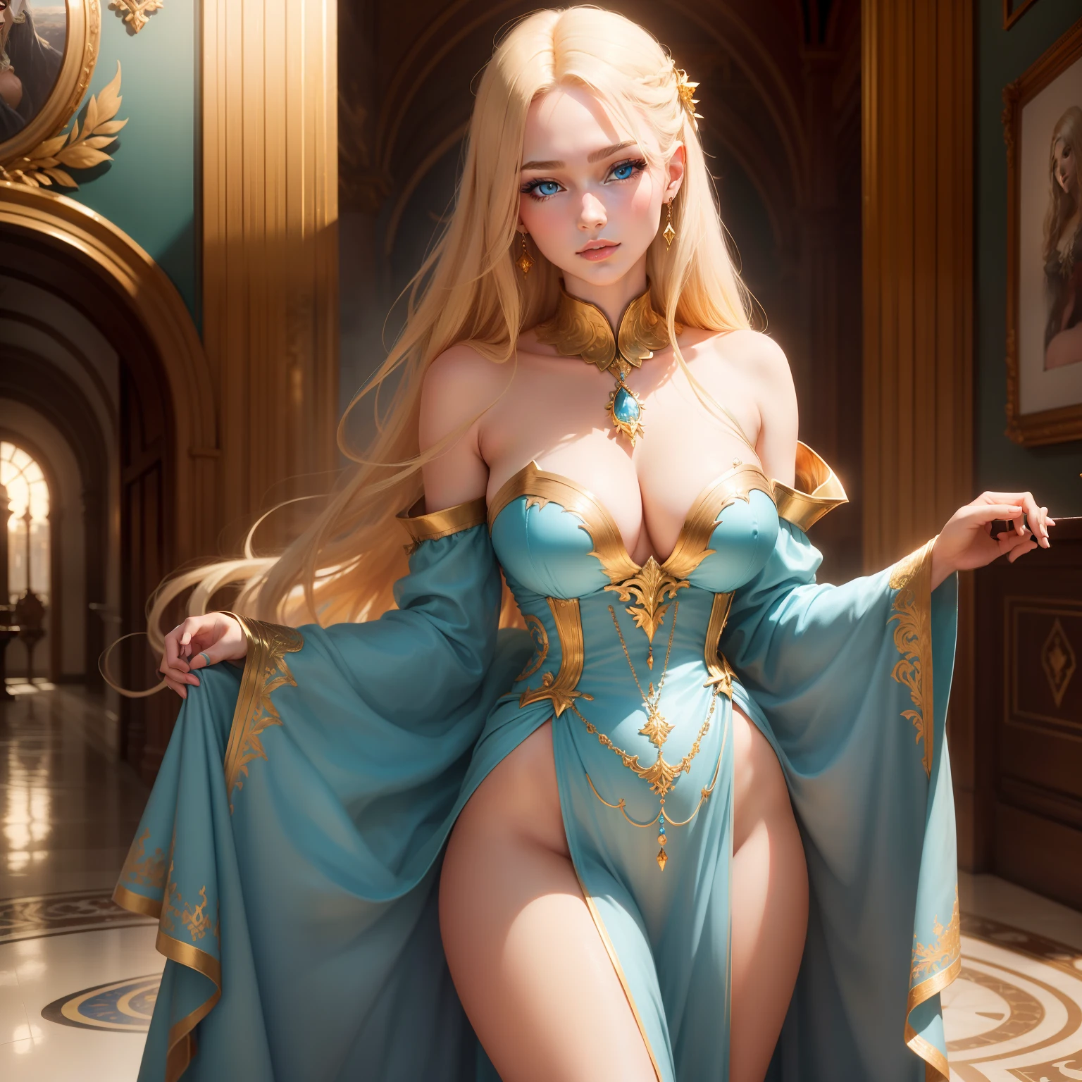 "A stunning and enchanting young woman. She possesses European beauty, with mesmerizing azure blue eyes and lustrous golden hair that gracefully frames her face."