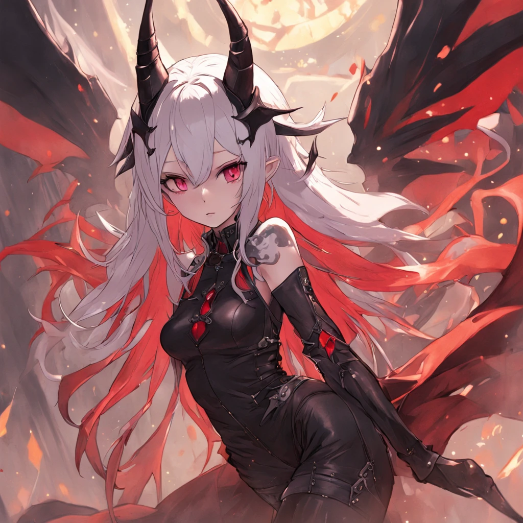 gorgeous demon girl, short silver hair, amber eyes, red and black horns, red and black dragon wings, red and black short sleeve body suit, chest exposed, blood sword, chains, evil grin, black high heel boots, black lace gloves, black lace necklace with rubies, dragon tail