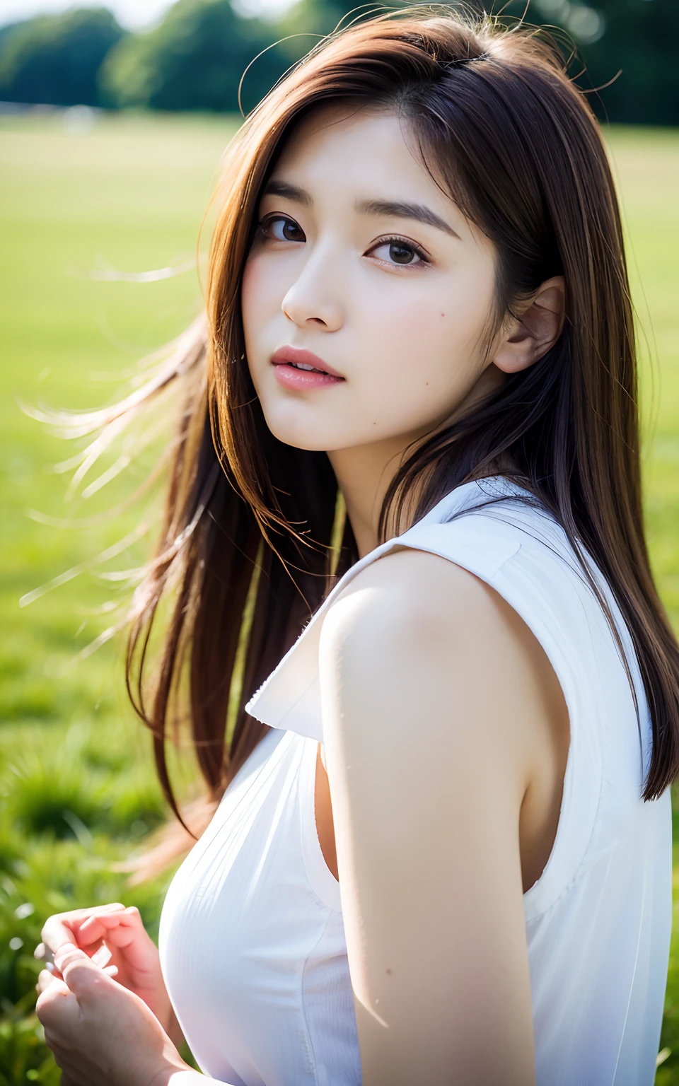 (Raw photo, Best Quality), (Realistic, Photorealsitic:1.3), masutepiece, Extremely delicate and beautiful, Soft light, (Brown hair, Shoulder-length straight hair swaying in the wind), Beautiful detailed girl, (Detailed fingers), extremely detailed eye and face, beautiful detailed nose, Beautiful detailed eyes, 1 girl, Japanese, Neat and clean beauty, Cute, 年轻, dress shirts, Pants, (Half body:1.3), (medium breasts), Realistic face, Realistic body,