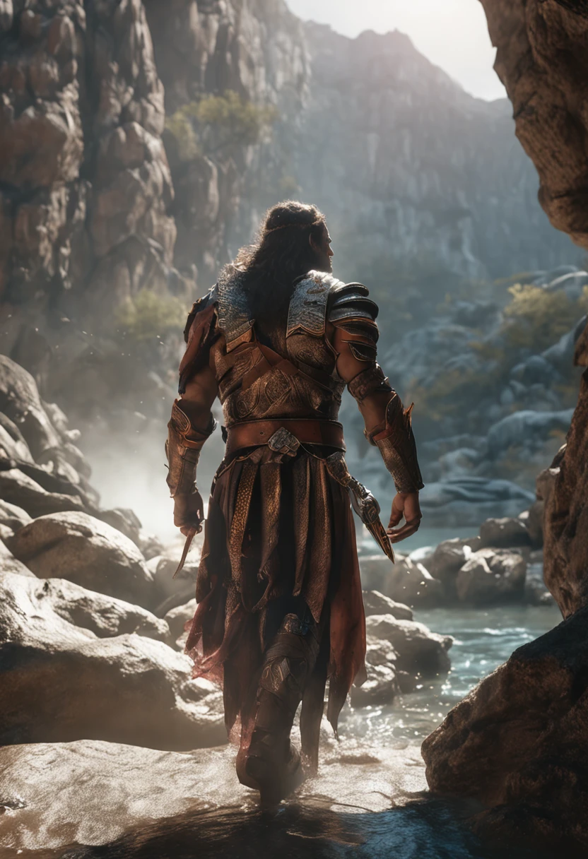(Preshessional 3D rendering:1.3) Of (Realistic:1.3) Photo of the world's most beautiful artwork with soft and shiny male hero, ((epic heroic fantasy, homens musculosos, Wet Hero, olhar irritado, com cabelos longos e barba curta, and fierce gaze in a dynamic posture, fantastic location, majestoso ambiente desordenado)), corpo inteiro 8k unidade render, action shot, skin pores, very dark lighting, sombras pesadas, circunstanciado, Rosto detalhado, (vibrante, foto realista, Realistic, Dramatic, Escuro, foco nítido, 8k), (roupa de couro velho danificado danificado:1.4), ((((usando pele)))), (intrincado:1.4), decadente, (altamente detalhado:1.4), pintura digital, octan render, art-station, arte conceitual, liso, foco nítido, illustration, Arte por Artgerm, (Loish:0.23), Wlop Ilya Kuvshinov, e Greg Rutkowski e Alphonse Mucha Gracias, (global ilumination, studiolight, volumetric light), chuva forte, floating particles, patife, fantasia, Onze, corpo inteiro, ((Fundo escuro e antigo da cidade:1.3)),CGSetnation,art-station