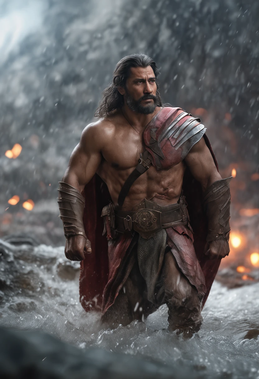 (Preshessional 3D rendering:1.3) Of (Realistic:1.3) Photo of the world's most beautiful artwork with soft and shiny male hero, ((epic heroic fantasy, homens musculosos, Wet Hero, olhar irritado, com cabelos longos e barba curta, and fierce gaze in a dynamic posture, fantastic location, majestoso ambiente desordenado)), corpo inteiro 8k unidade render, action shot, skin pores, very dark lighting, sombras pesadas, circunstanciado, Rosto detalhado, (vibrante, foto realista, Realistic, Dramatic, Escuro, foco nítido, 8k), (roupa de couro velho danificado danificado:1.4), ((((usando pele)))), (intrincado:1.4), decadente, (altamente detalhado:1.4), pintura digital, octan render, art-station, arte conceitual, liso, foco nítido, illustration, Arte por Artgerm, (Loish:0.23), Wlop Ilya Kuvshinov, e Greg Rutkowski e Alphonse Mucha Gracias, (global ilumination, studiolight, volumetric light), chuva forte, floating particles, patife, fantasia, Onze, corpo inteiro, ((Fundo escuro e antigo da cidade:1.3)),CGSetnation,art-station