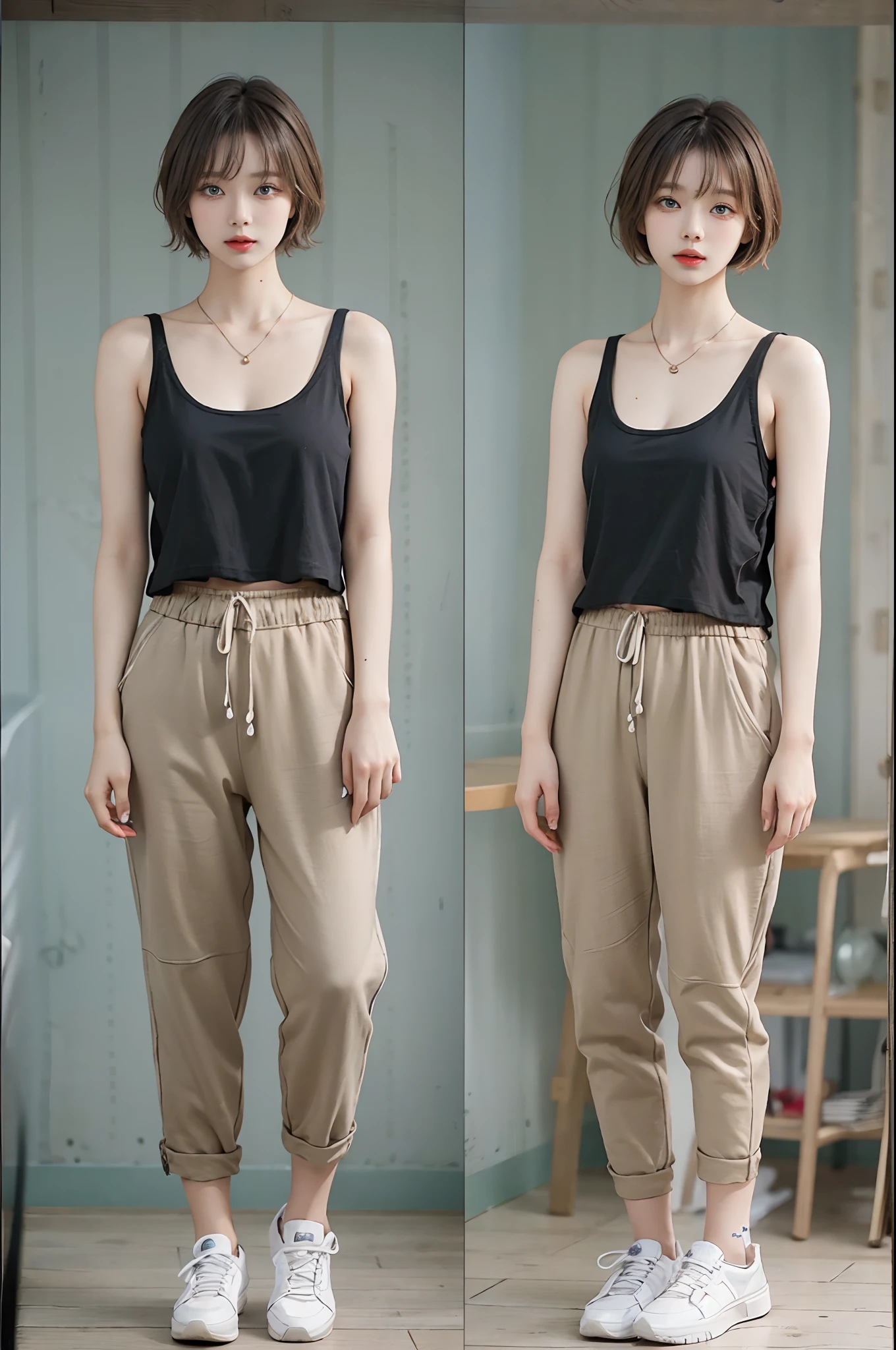a-woman-in-a-black-top-and-khaki-pants-standing-next-to-a-wall-seaart-ai