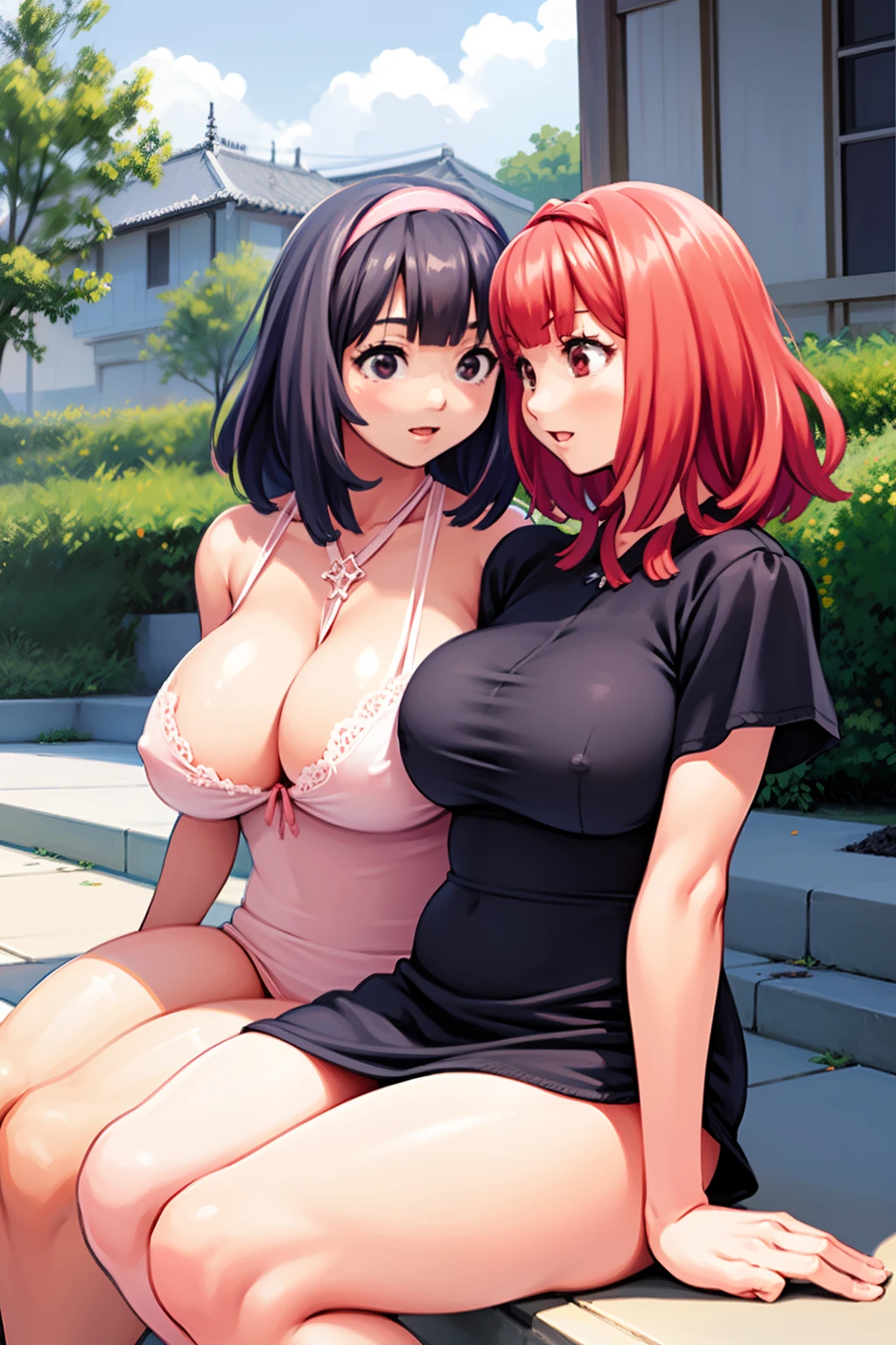 2girls,girl1:bbw、adolable,Black hair,Bob-cut hair,rcasual,Sitting on floor、Kisses and hugs、Girl 2:adolable,A pink-haired,Long grey hair,rcasual。Kisses and hugs、Sitting on floor