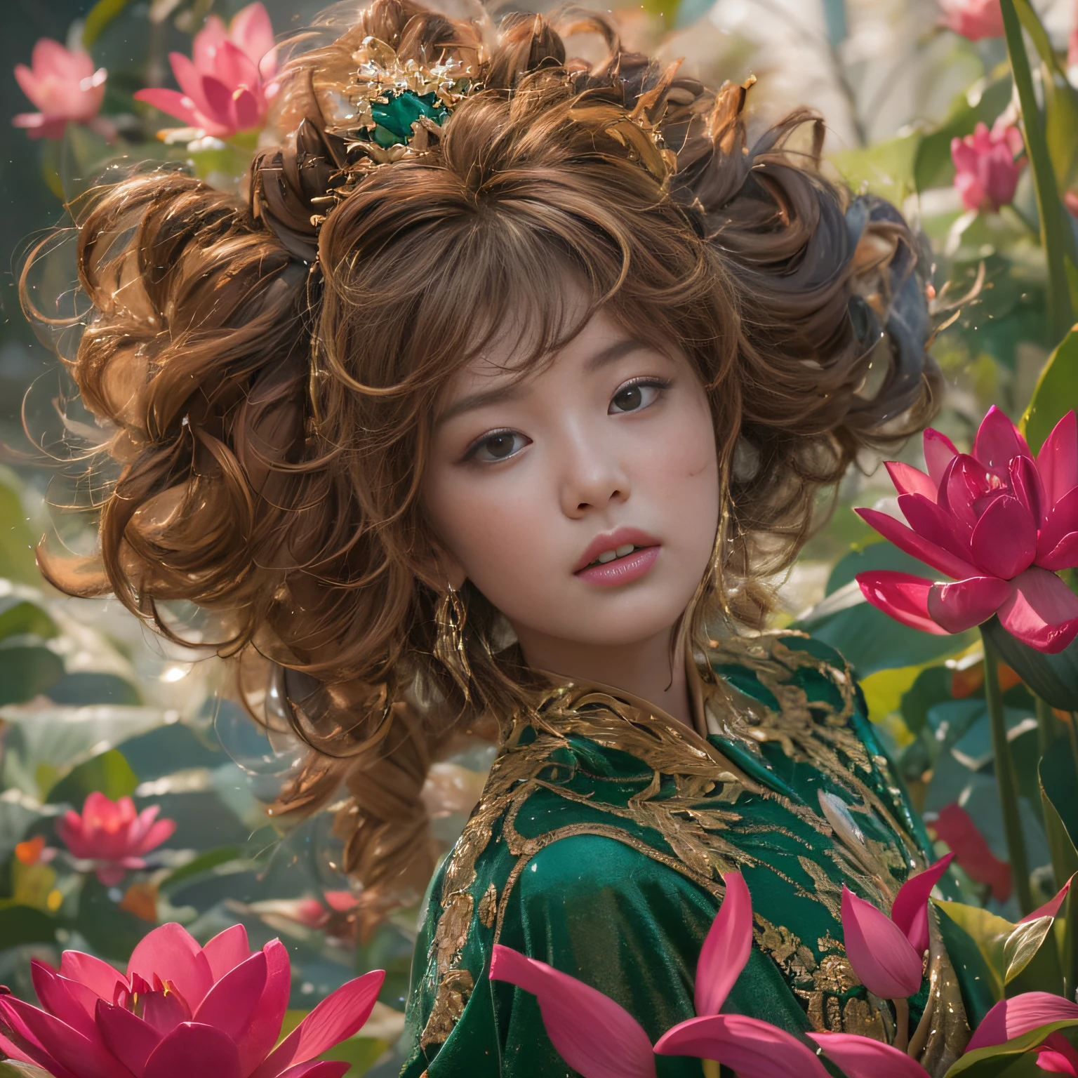 32K(tmasterpiece,k hd,hyper HD,32K)curlies,Flowing rouge,ponds,zydink, a color, Liaoning people (Silly girl), (Silk scarf), Combat posture, looking at the ground, Flowing rouge curls,Green emerald headdress, Chinese long-sleeved pink gold garment, (abstract ink splash:1.2), Pink lotus background,Water lily flower protector(realisticlying:1.4),Rouge hair,Autumn is in full swing,The background is pure, A high resolution, the detail, RAW photogr, Sharp Re, Nikon D850 Film Stock Photo by Jefferies Lee 4 Kodak Portra 400 Camera F1.6 shots, Rich colors, ultra-realistic vivid textures, Dramatic lighting, Unreal Engine Art Station Trend, cinestir 800,Large curls,Flowing rouge